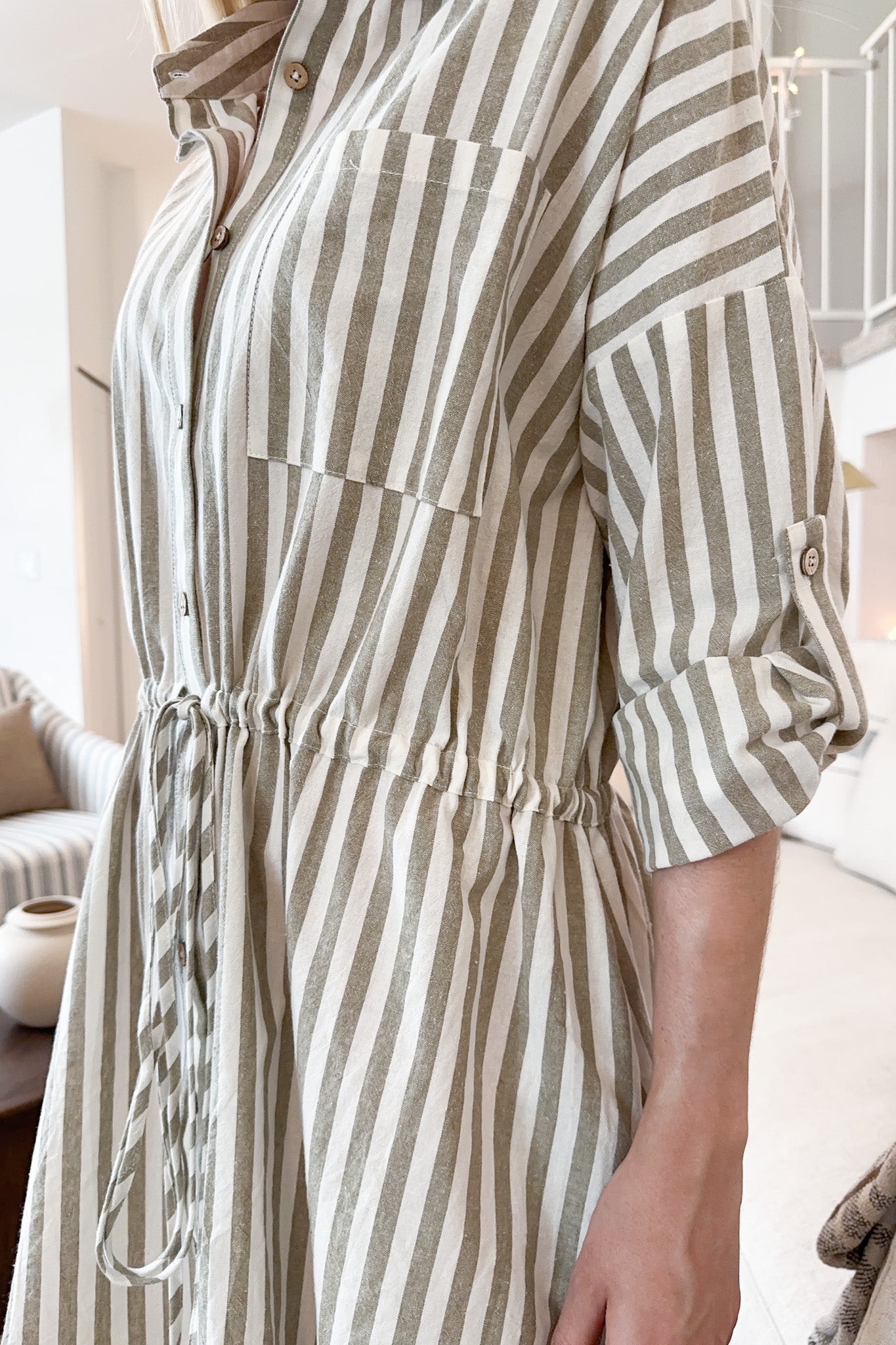 Geneva Striped Button Down Linen Dress - Neutral Ground
