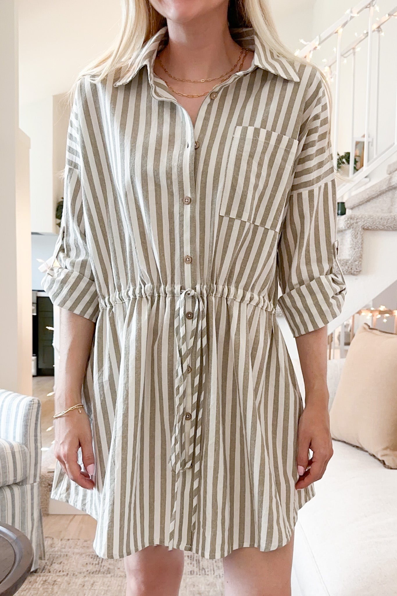 Geneva Striped Button Down Linen Dress - Neutral Ground