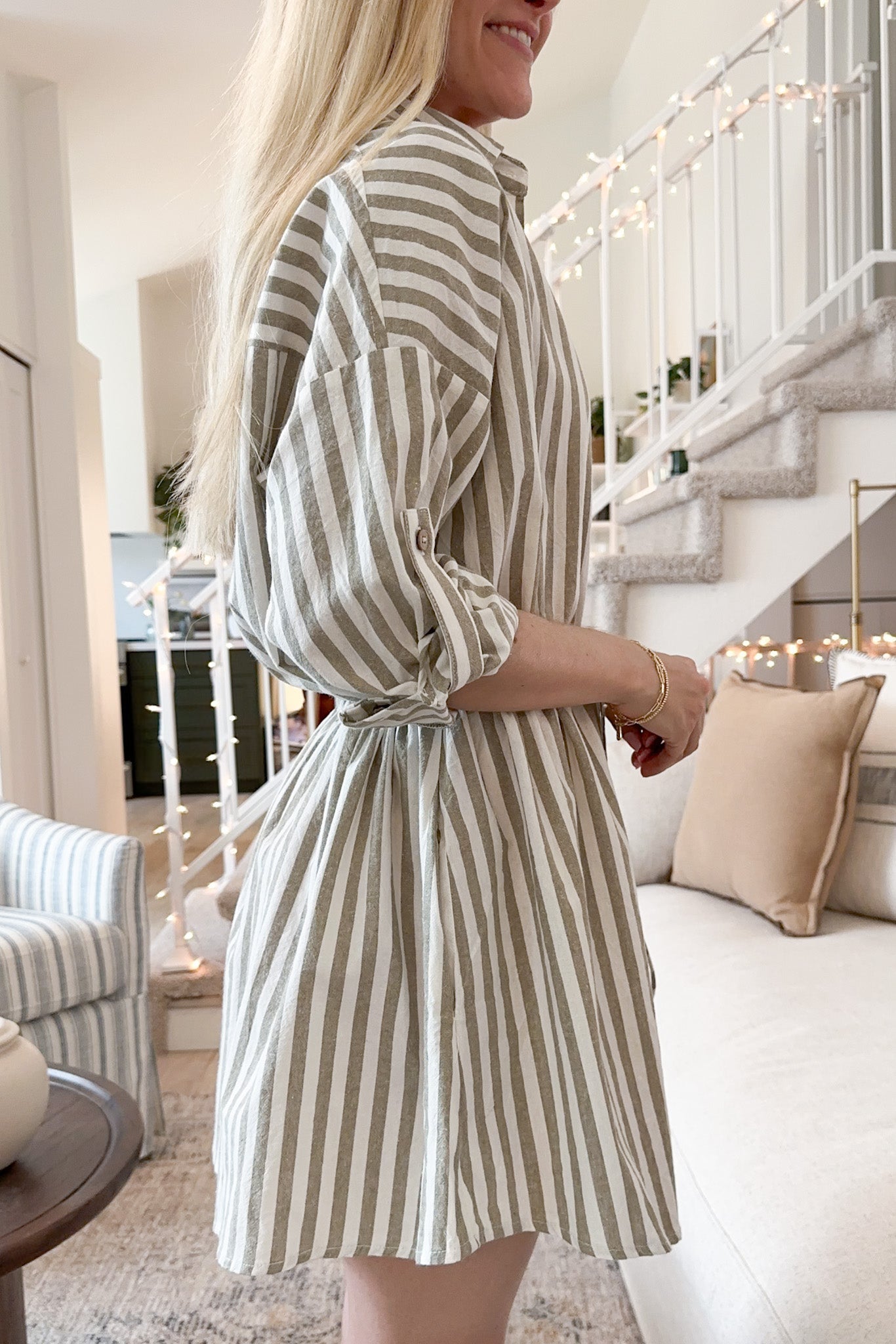 Geneva Striped Button Down Linen Dress - Neutral Ground