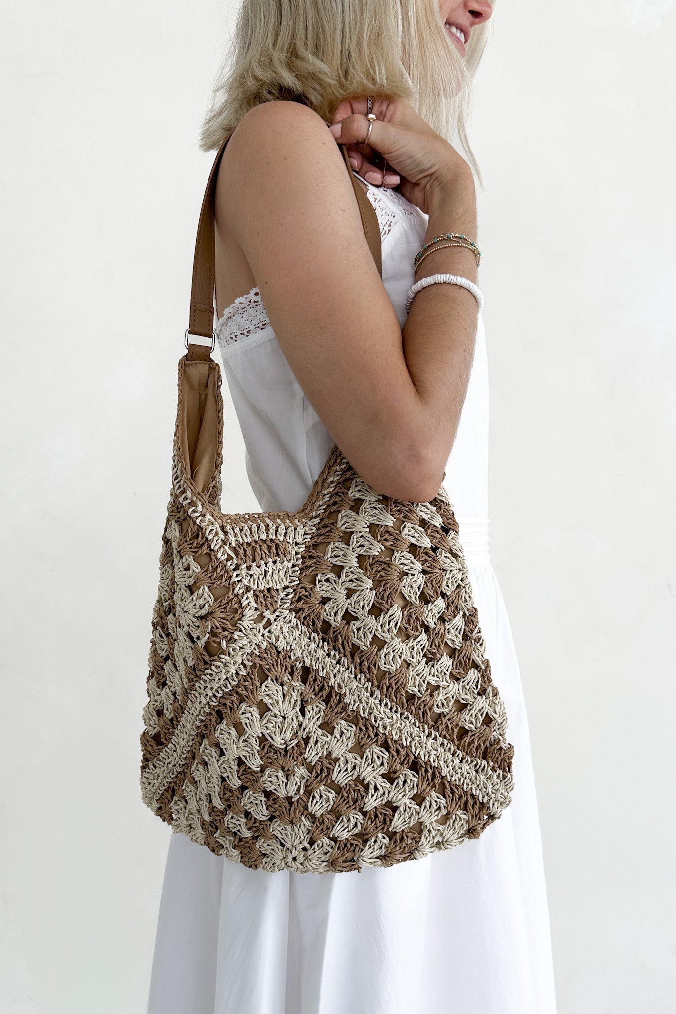 Getaway Crochet Shoulder Bag in Natural and Tan - Neutral Ground