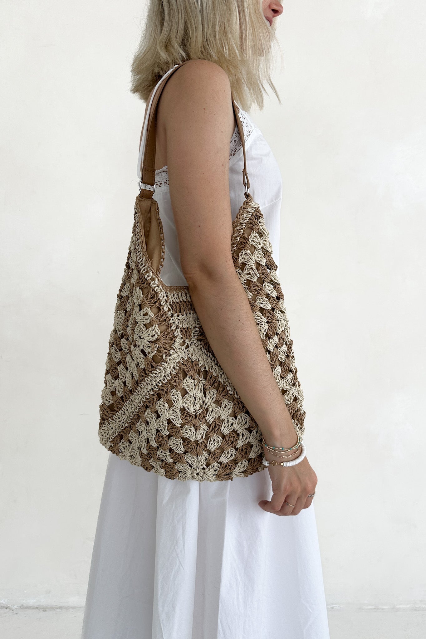 Getaway Crochet Shoulder Bag in Natural and Tan - Neutral Ground