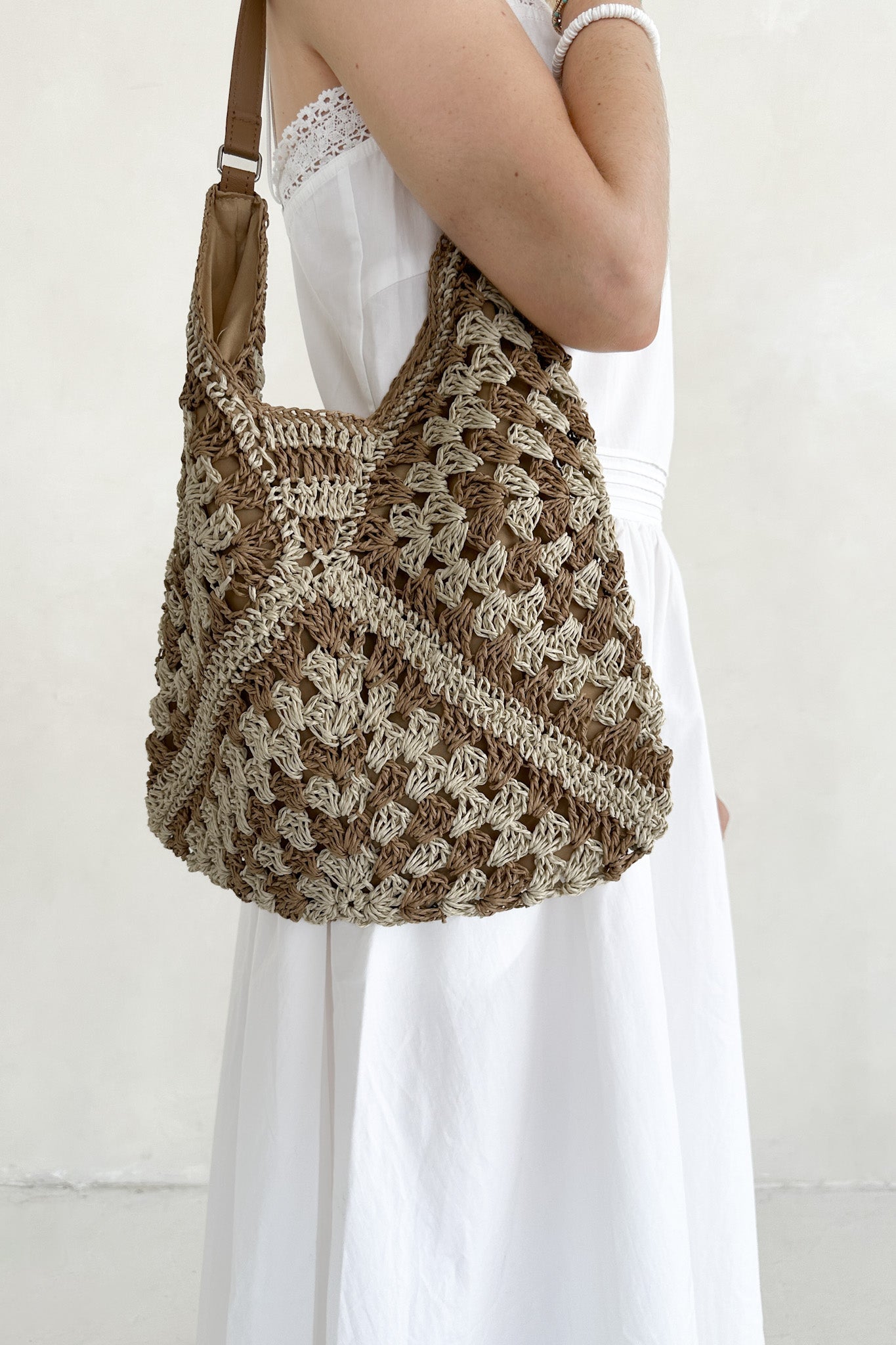 Getaway Crochet Shoulder Bag in Natural and Tan - Neutral Ground