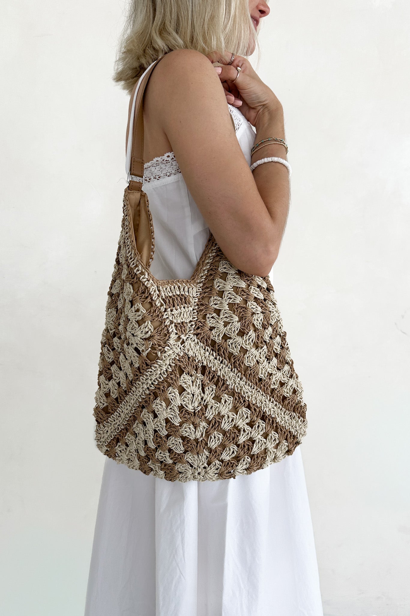 Getaway Crochet Shoulder Bag in Natural and Tan - Neutral Ground