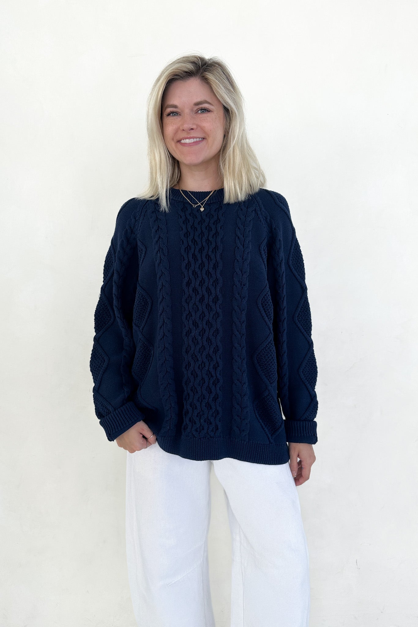 Gilmore Oversized Cotton Cable Knit Sweater in Navy - Neutral Ground