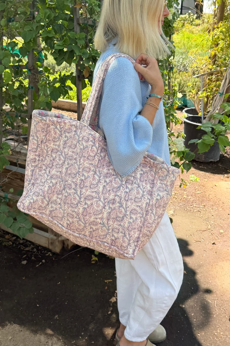 Golden Hour Quilted Tote Bag in Ballet Pink and Sky Blue - Neutral Ground