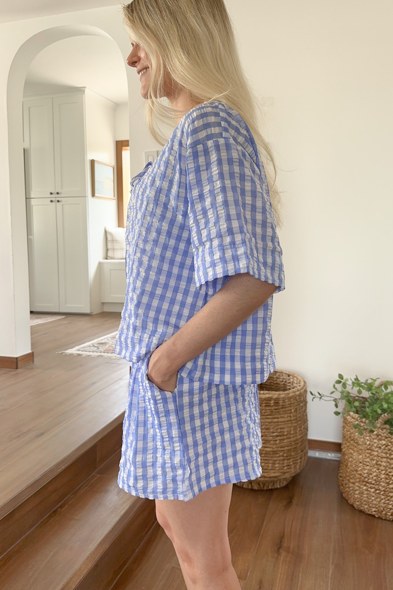 Gracie Gingham Checkered Tie Front Top - Neutral Ground