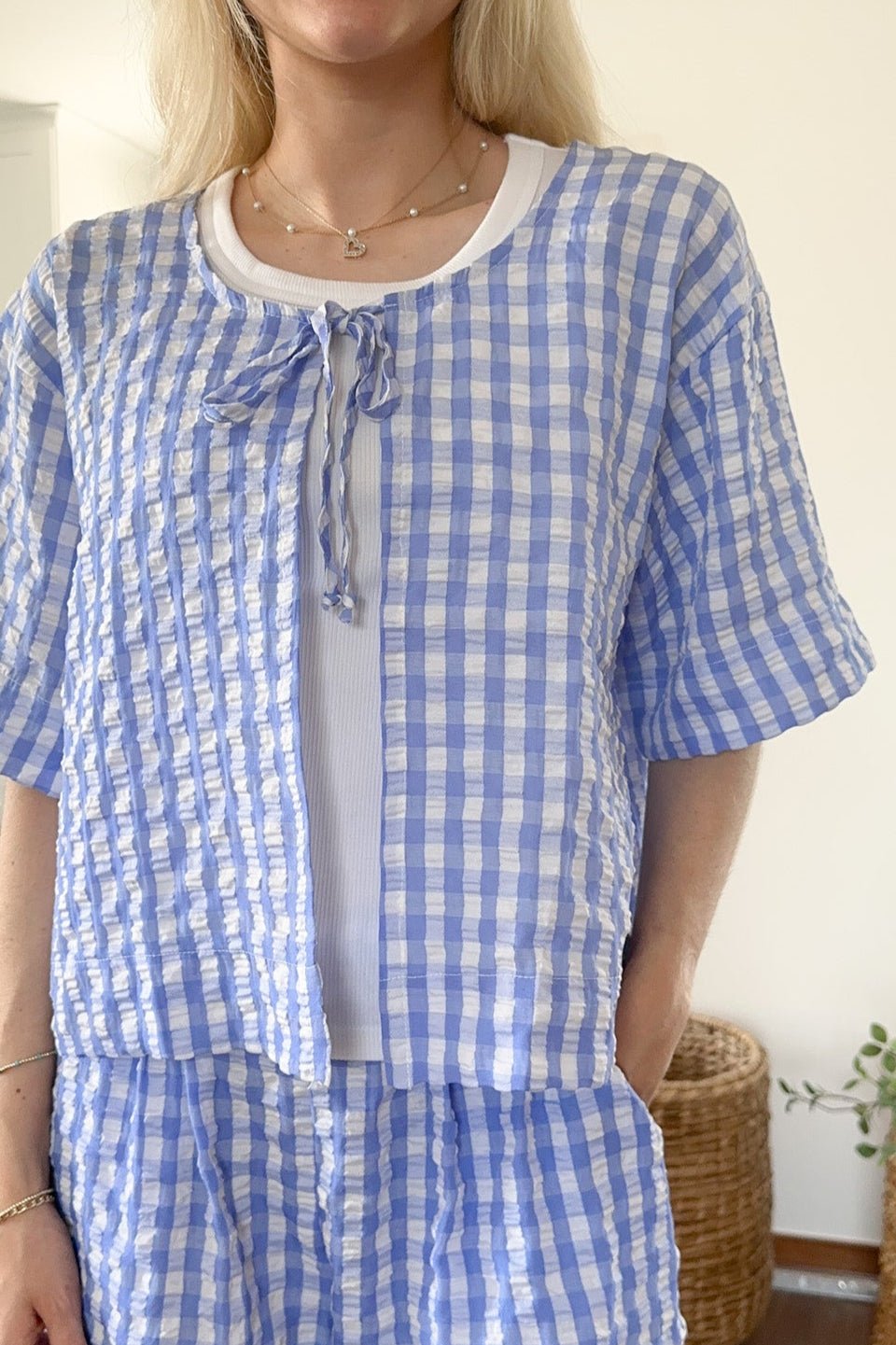 Gracie Gingham Checkered Tie Front Top - Neutral Ground