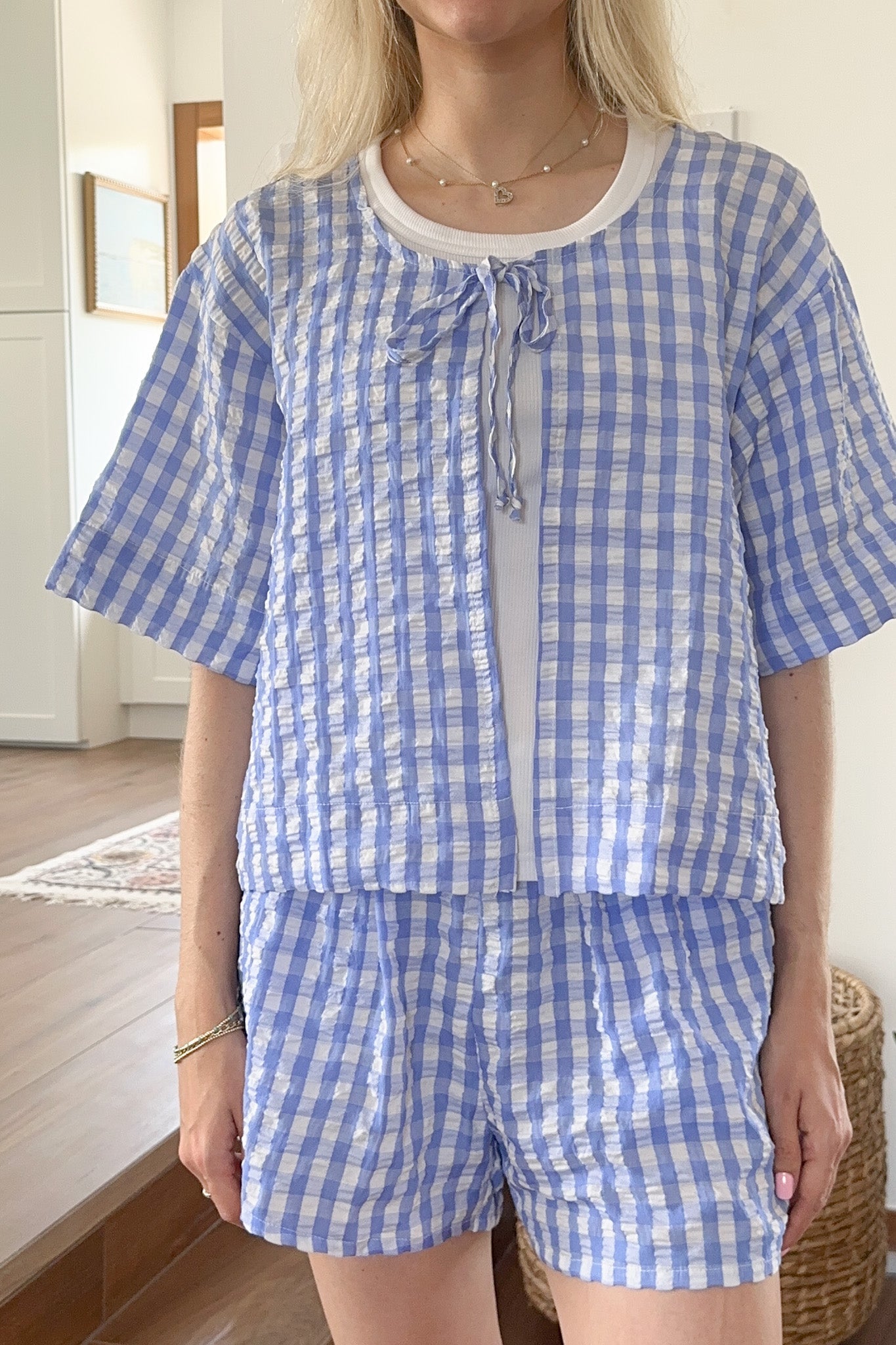 Gracie Gingham Checkered Tie Front Top - Neutral Ground