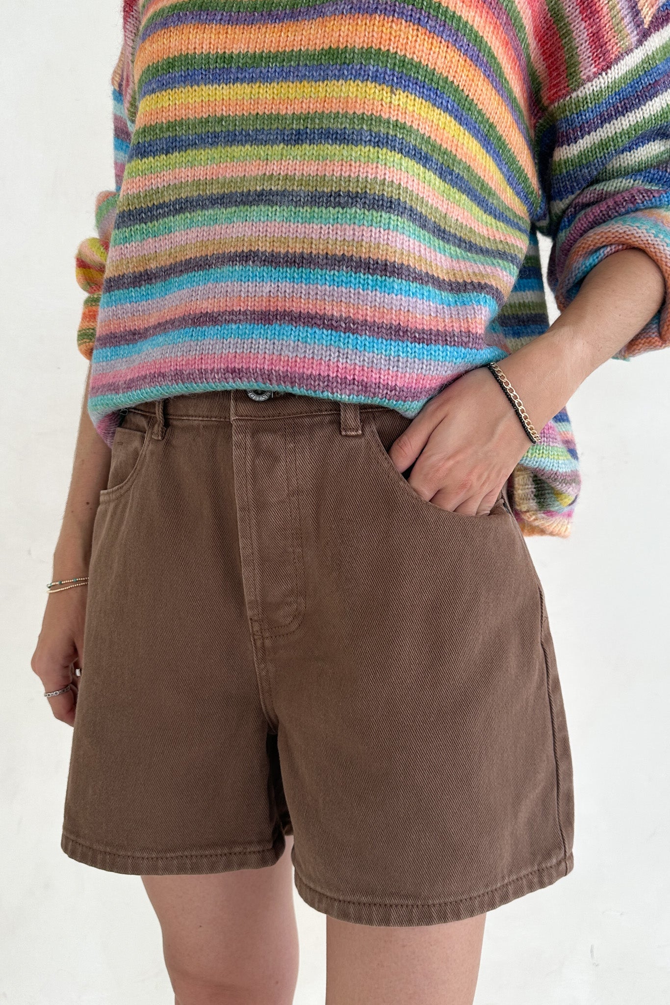 Hallie Classic A - line Denim Shorts in Mocha - Neutral Ground