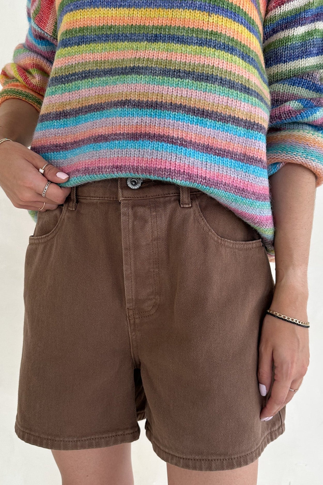 Hallie Classic A - line Denim Shorts in Mocha - Neutral Ground