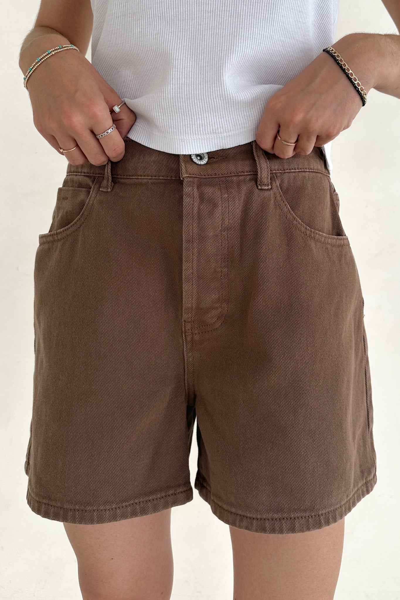 Hallie Classic A - line Denim Shorts in Mocha - Neutral Ground