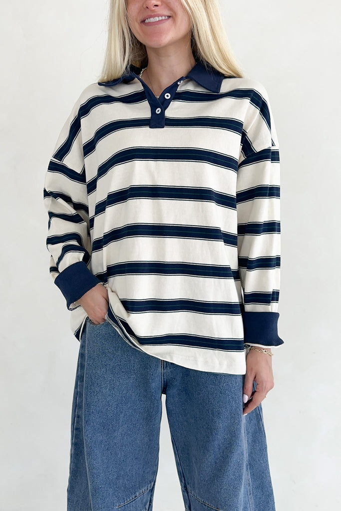 Harlow Oversized Stripe Polo Top - Neutral Ground