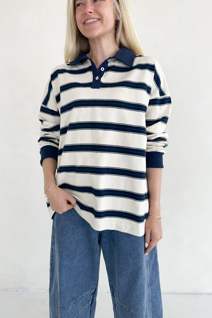 Harlow Oversized Stripe Polo Top - Neutral Ground