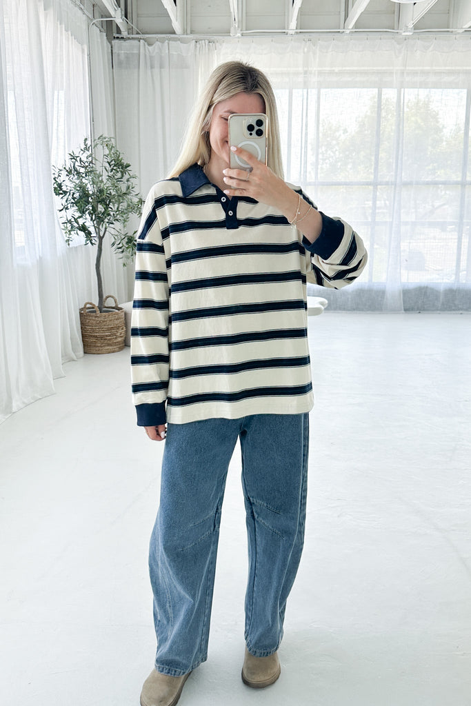 Harlow Oversized Stripe Polo Top - Neutral Ground