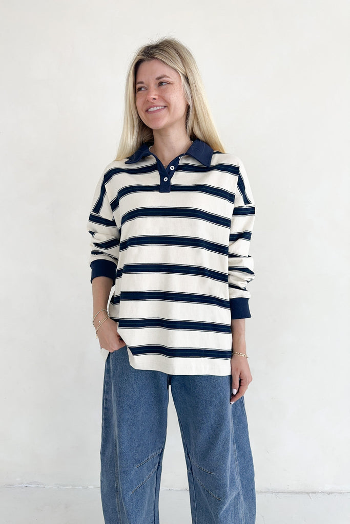 Harlow Oversized Stripe Polo Top - Neutral Ground