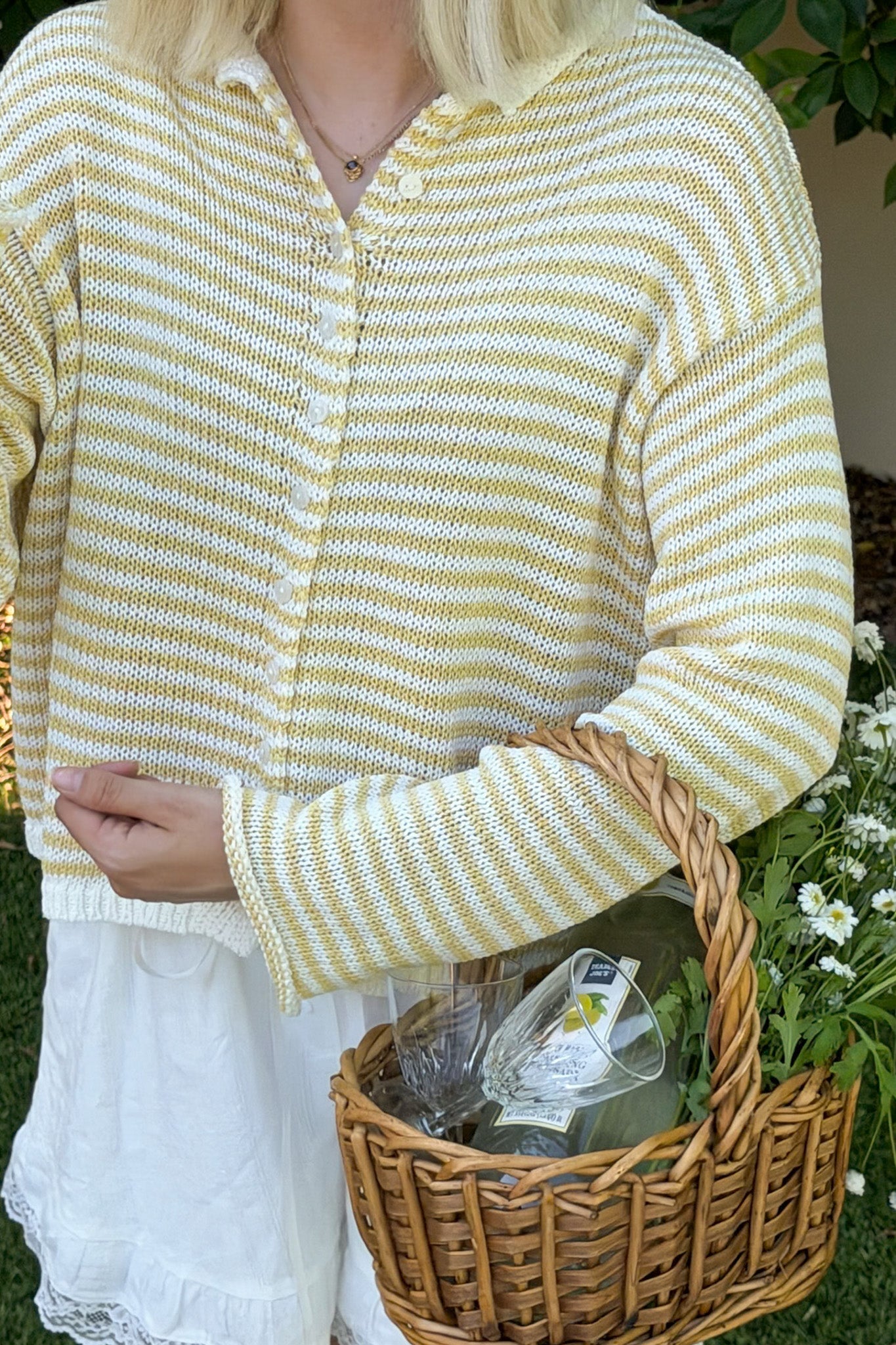 Haven Cotton Mini Striped Knit Cardigan in Banana and White - Neutral Ground