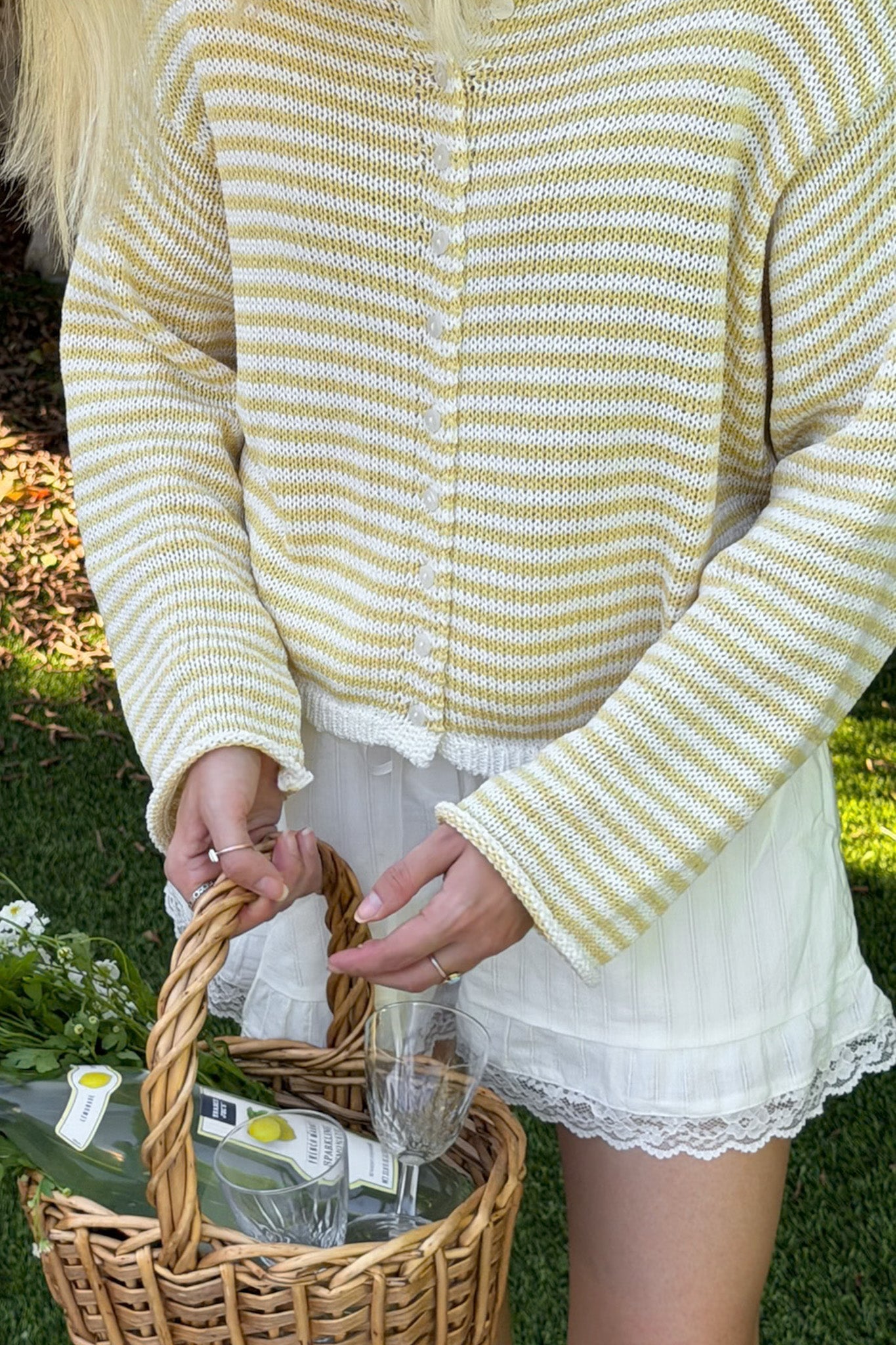 Haven Cotton Mini Striped Knit Cardigan in Banana and White - Neutral Ground
