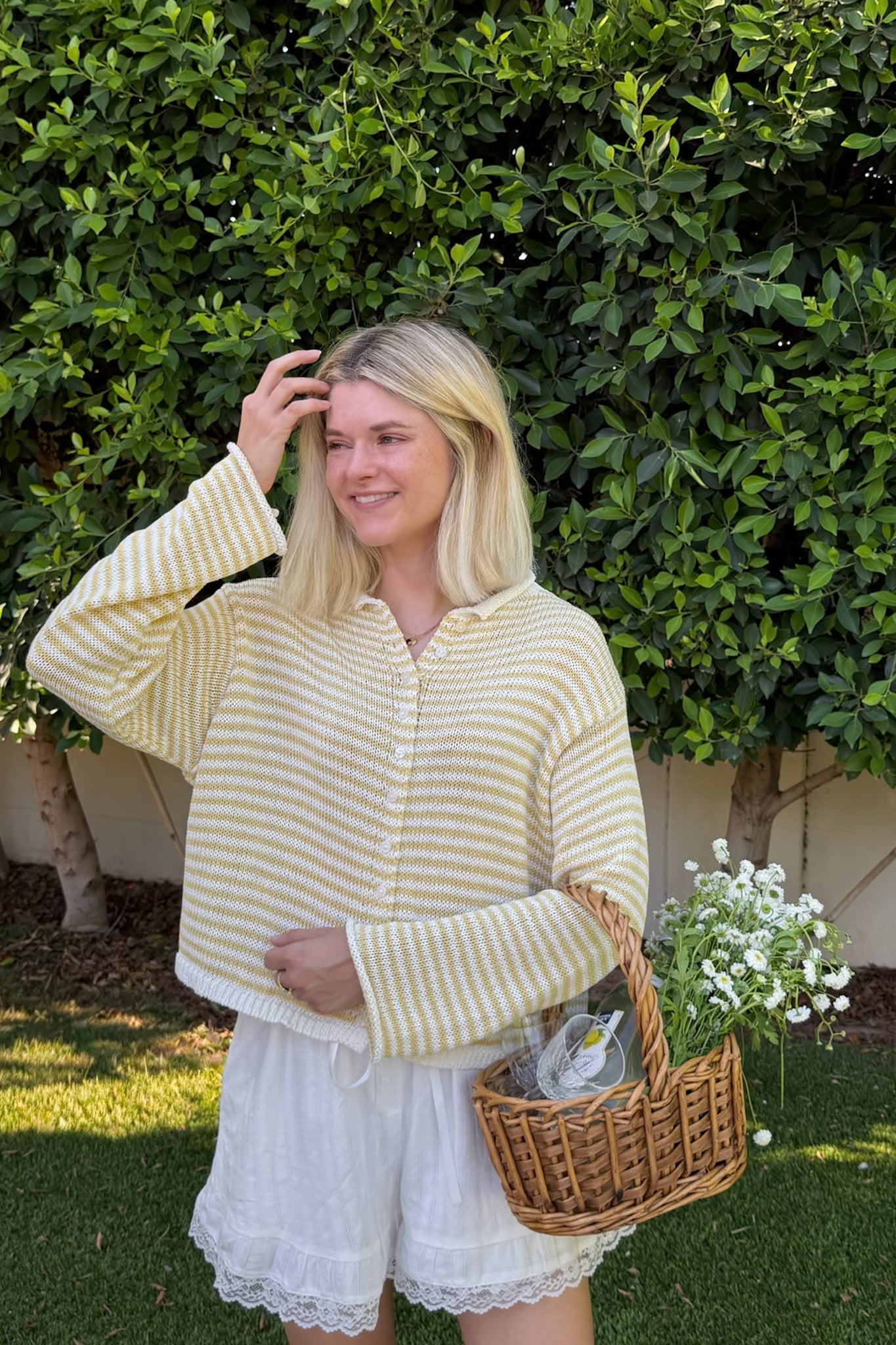 Haven Cotton Mini Striped Knit Cardigan in Banana and White - Neutral Ground