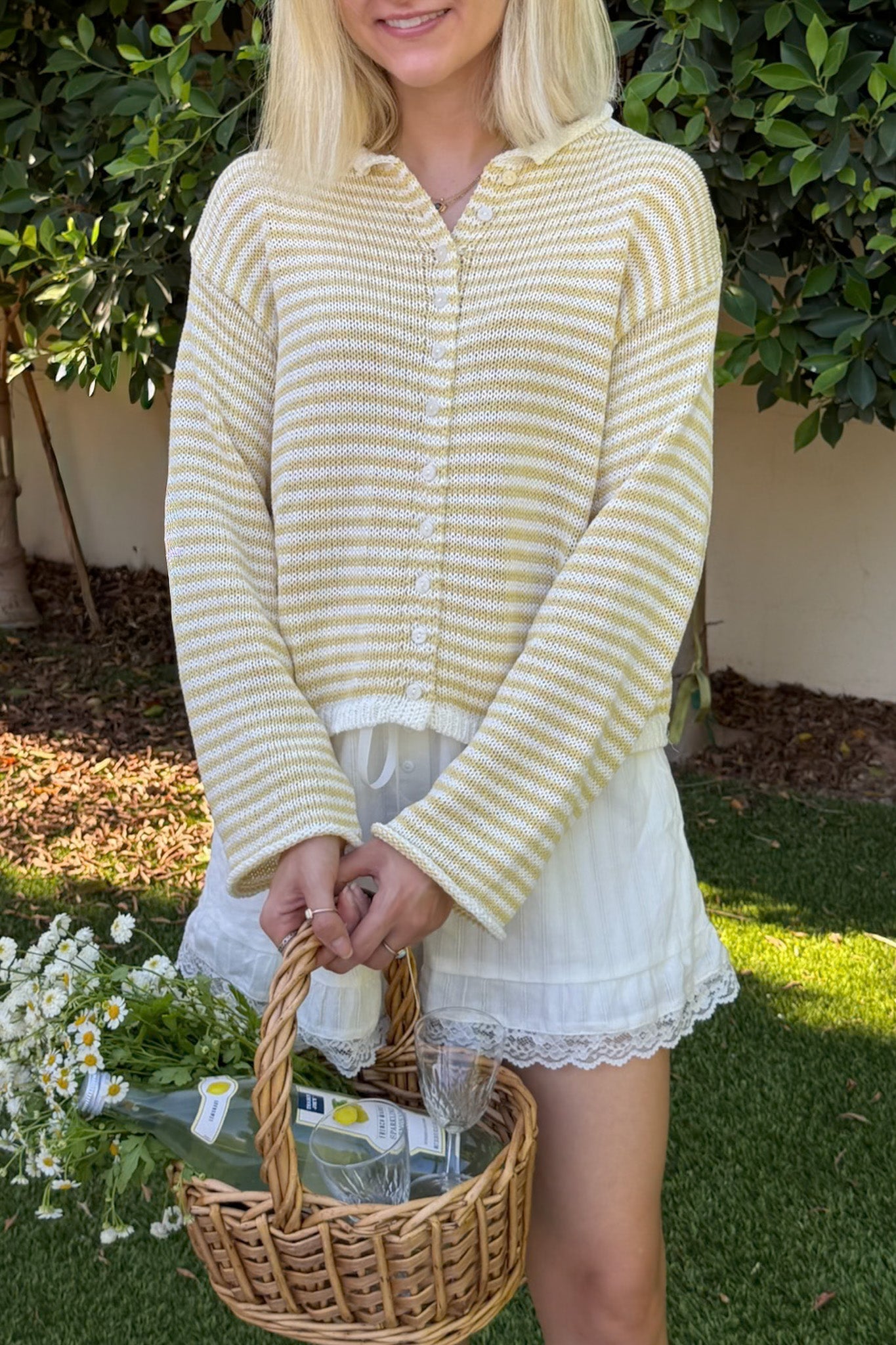 Haven Cotton Mini Striped Knit Cardigan in Banana and White - Neutral Ground