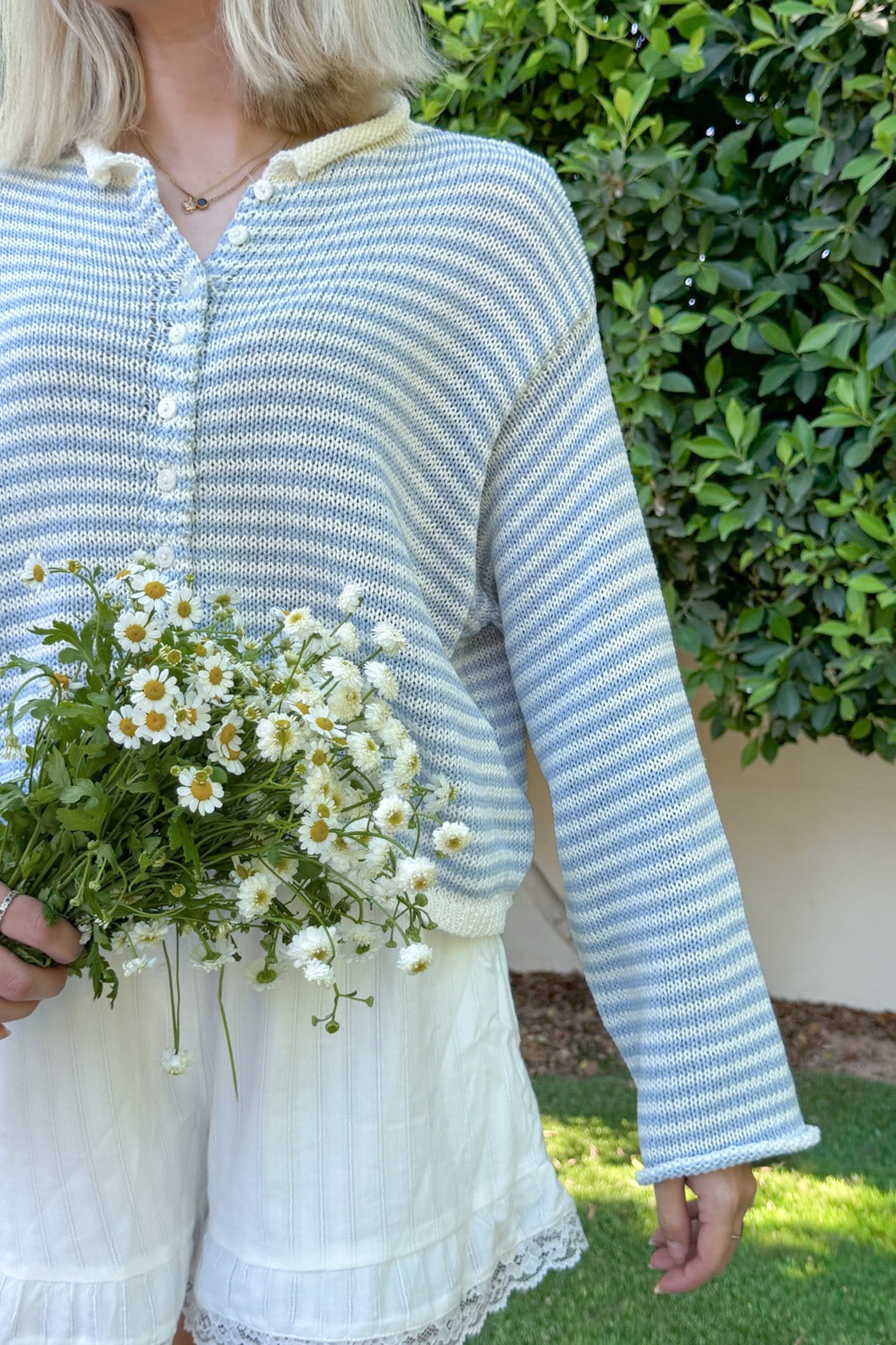 Haven Cotton Mini Striped Knit Cardigan in Dusty Blue and White - Neutral Ground