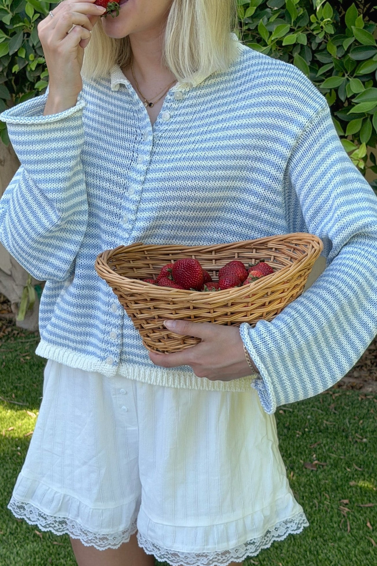 Haven Cotton Mini Striped Knit Cardigan in Dusty Blue and White - Neutral Ground