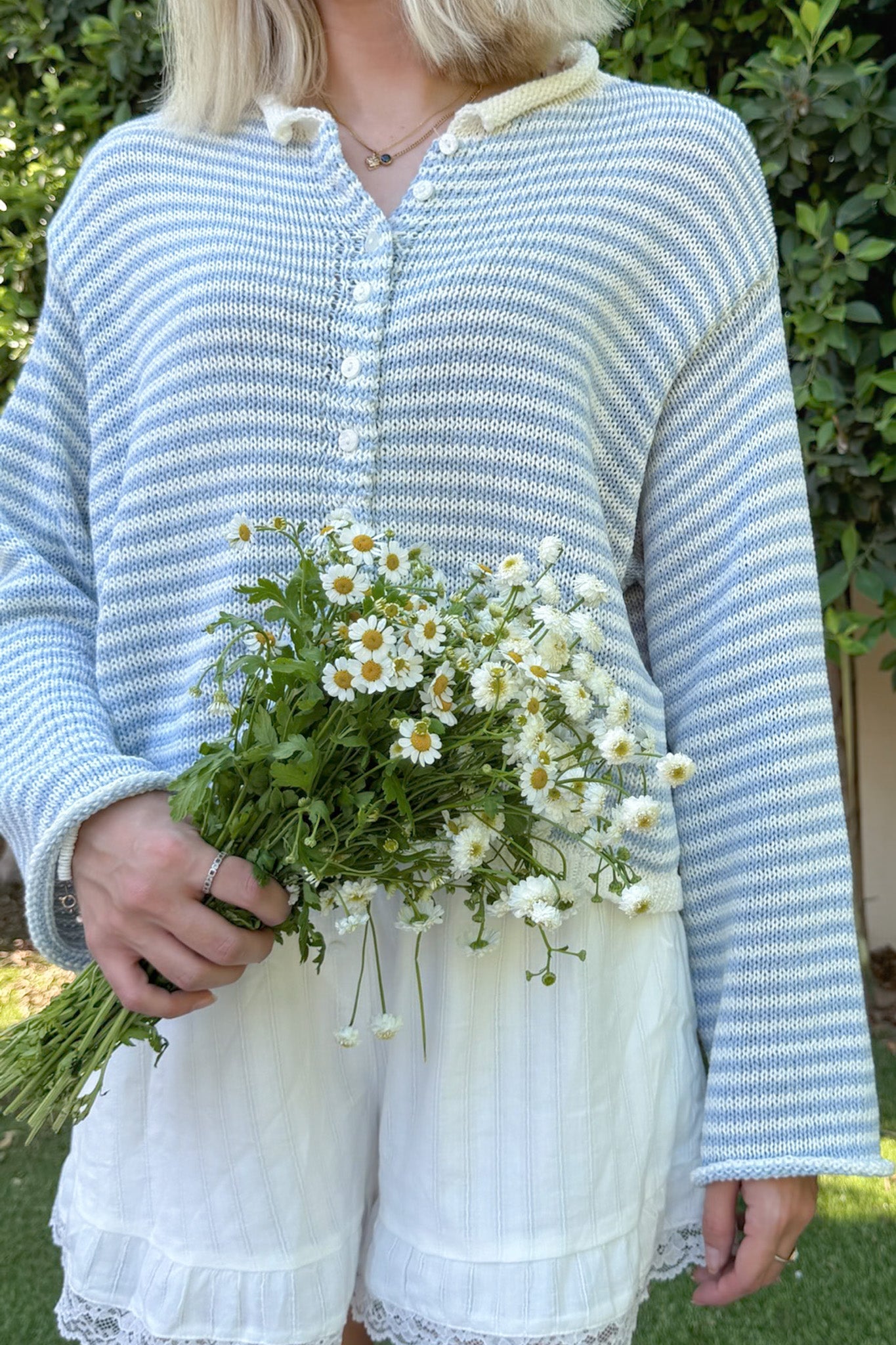 Haven Cotton Mini Striped Knit Cardigan in Dusty Blue and White - Neutral Ground