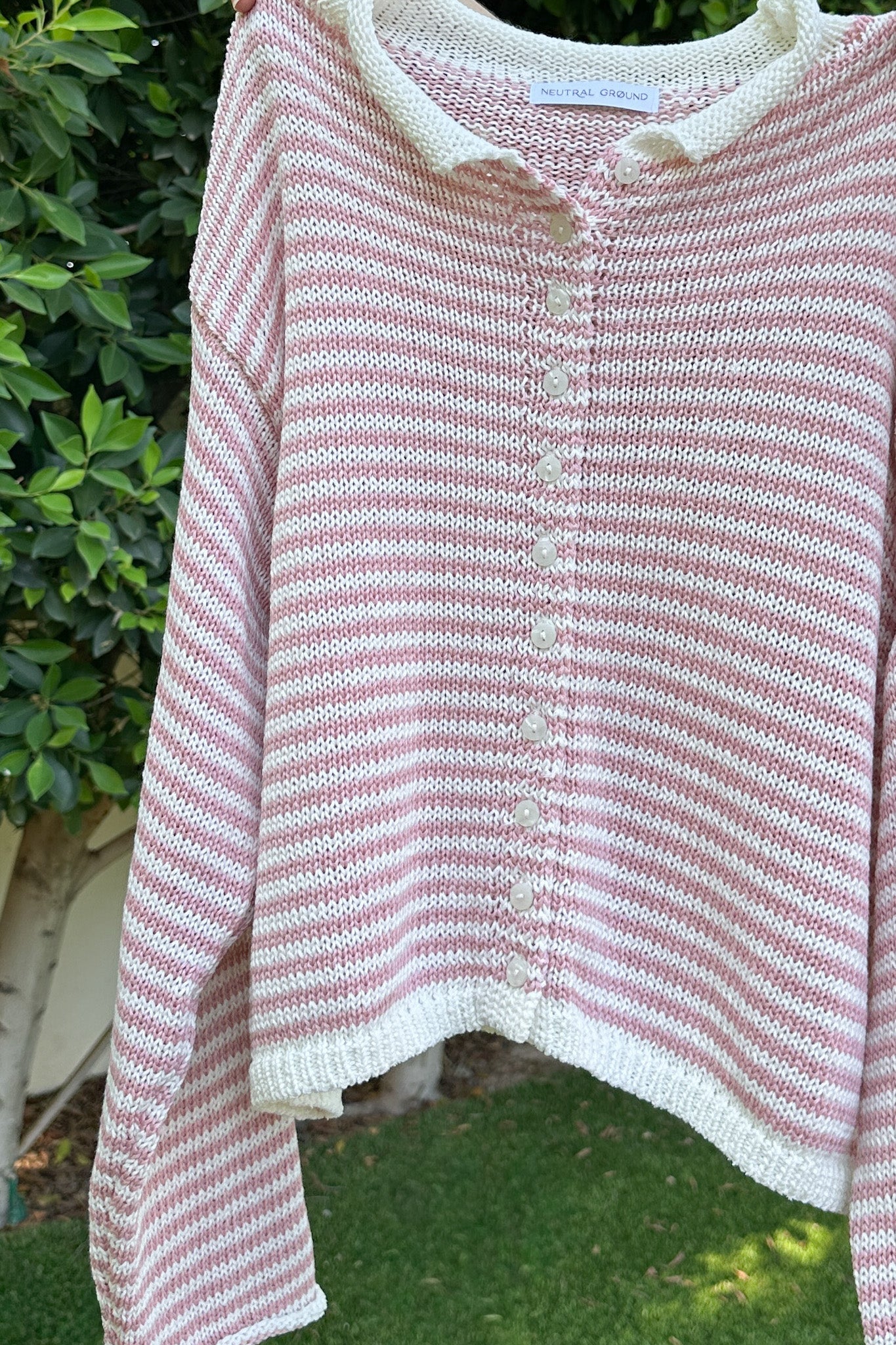Haven Cotton Mini Striped Knit Cardigan in Dusty Rose and Cream - Neutral Ground