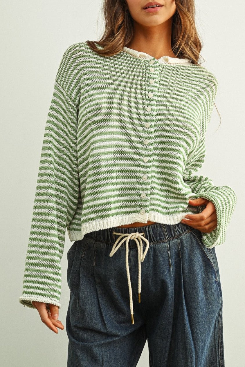 Haven Cotton Mini Striped Knit Cardigan in Dusty Sage and White - Neutral Ground