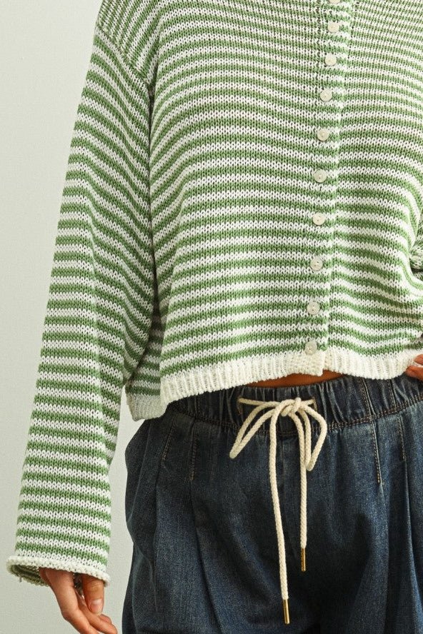 Haven Cotton Mini Striped Knit Cardigan in Dusty Sage and White - Neutral Ground