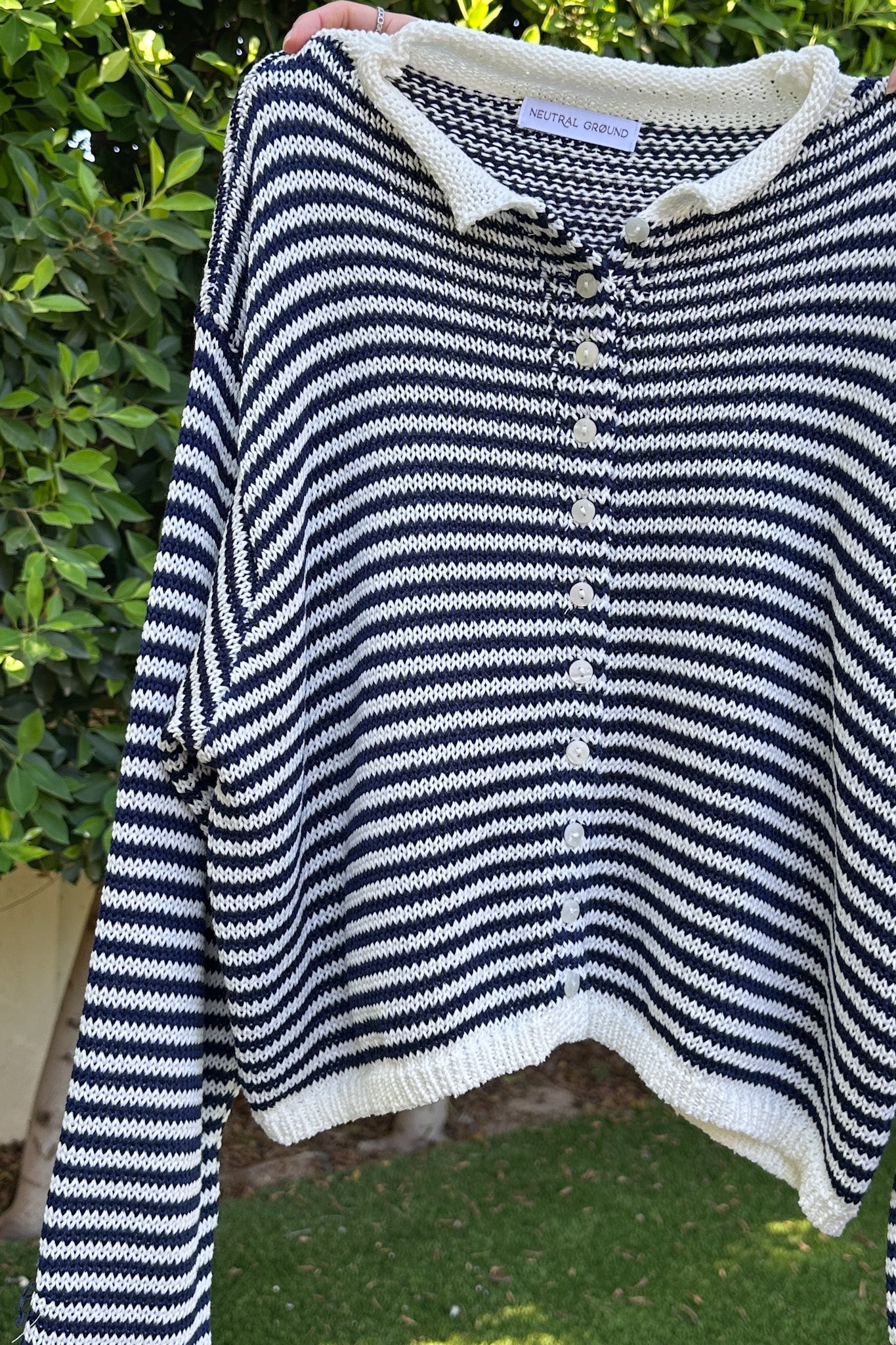 Haven Cotton Mini Striped Knit Cardigan in Navy and White - Neutral Ground