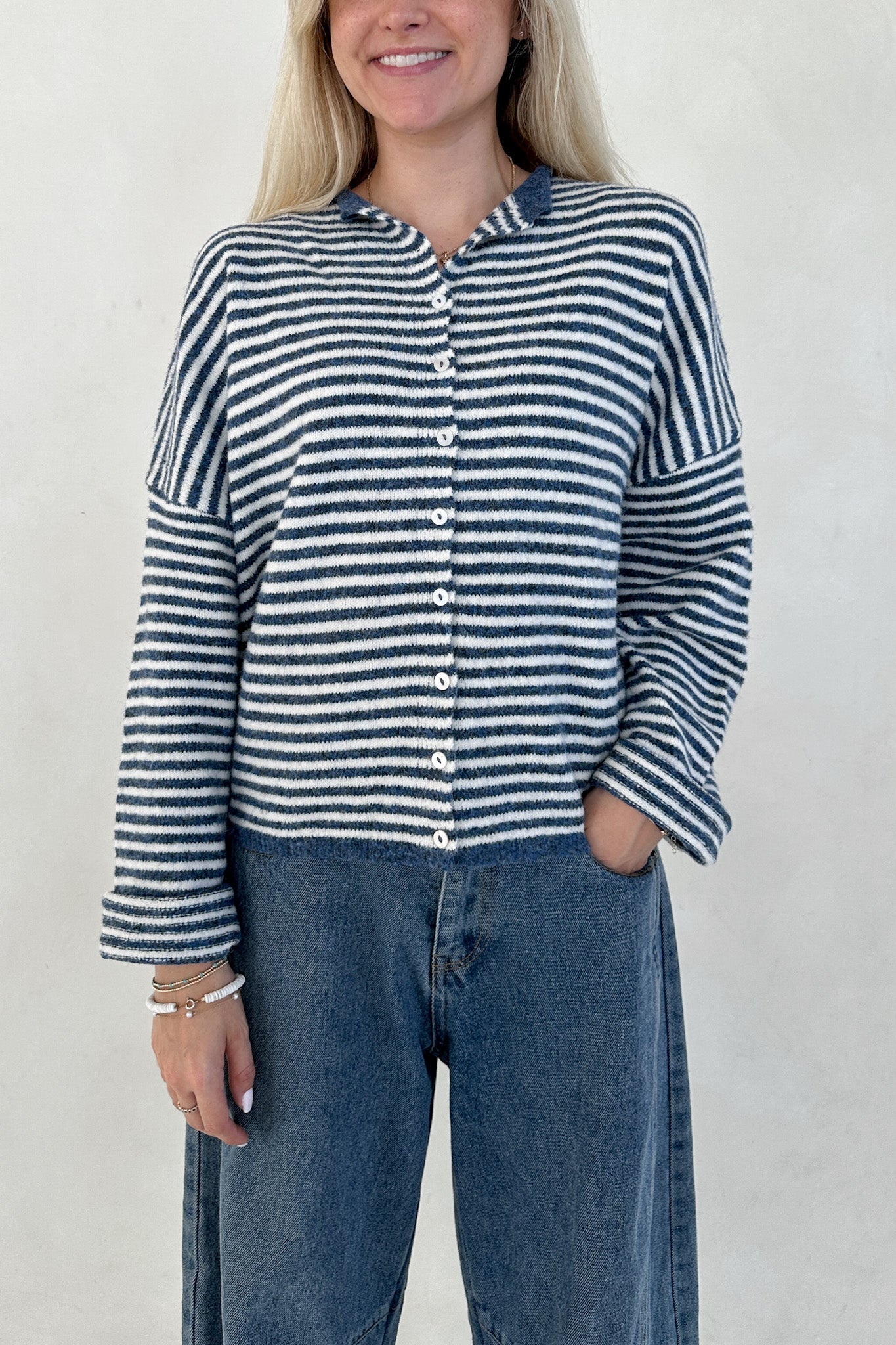 Haven Mini Striped Cardigan in Denim and White - Neutral Ground