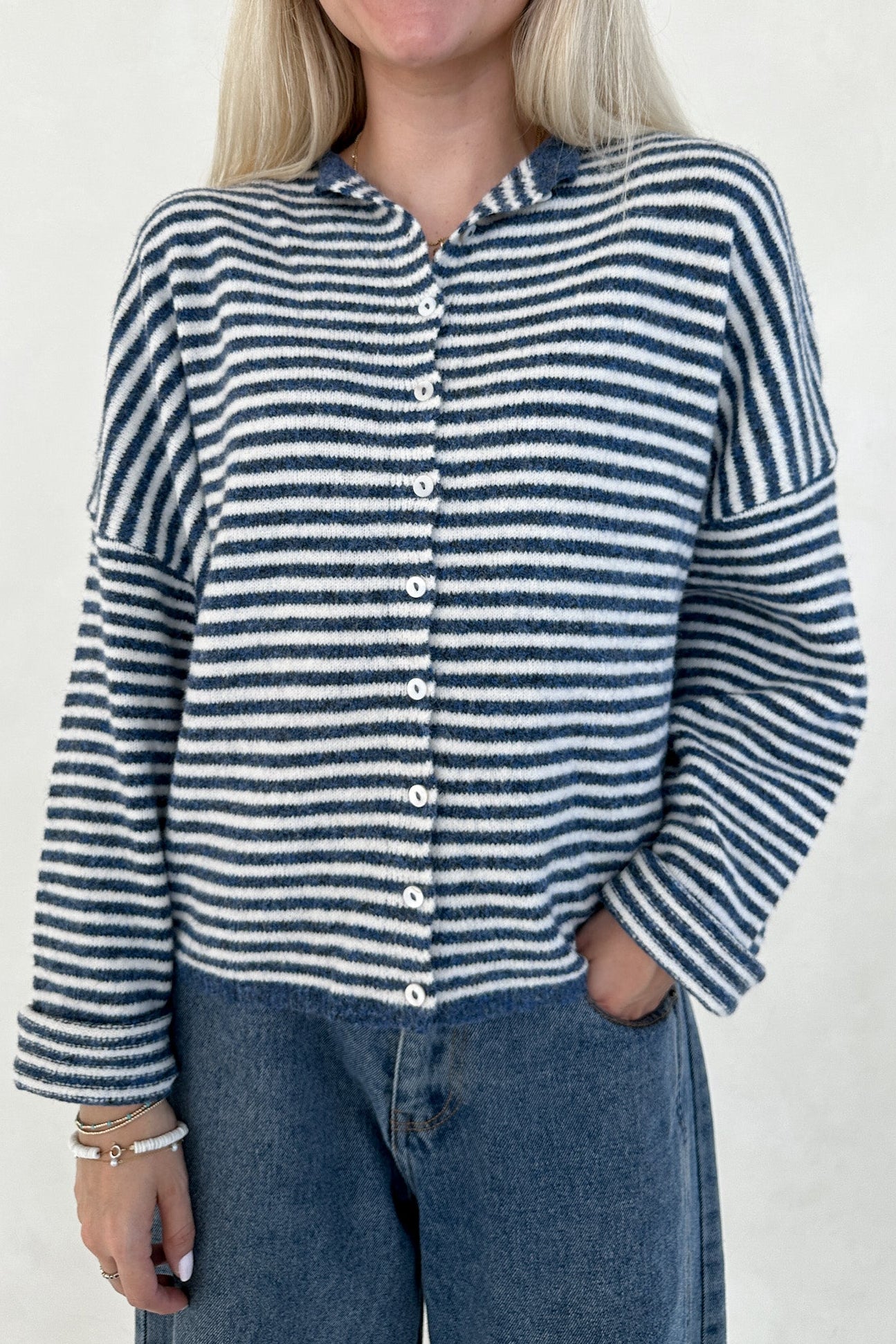 Haven Mini Striped Cardigan in Denim and White - Neutral Ground