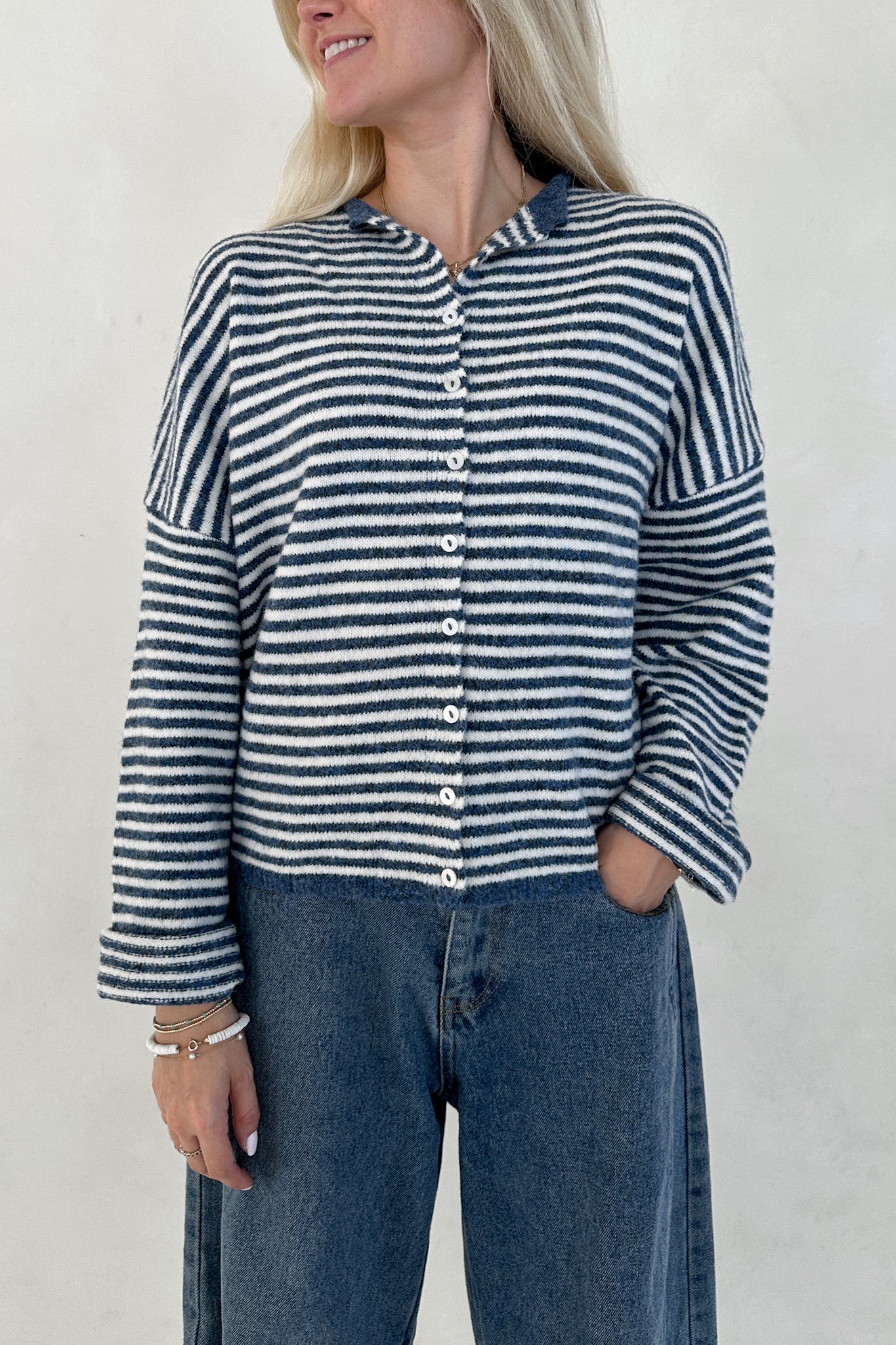Haven Mini Striped Cardigan in Denim and White - Neutral Ground