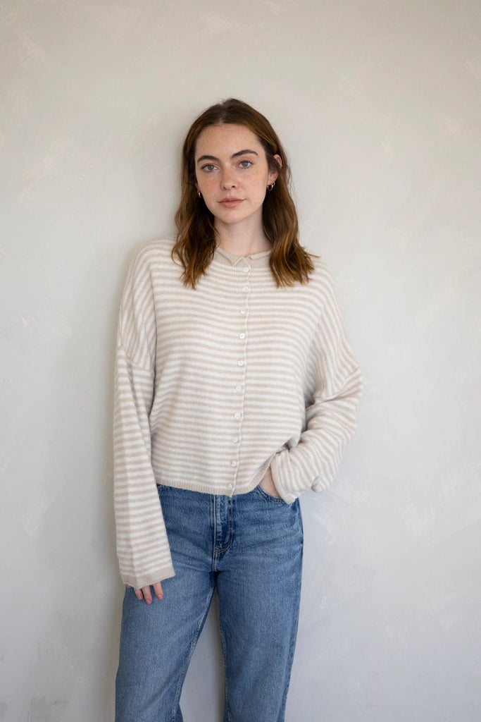 Haven Mini Striped Cardigan in Tan and Cream - Neutral Ground