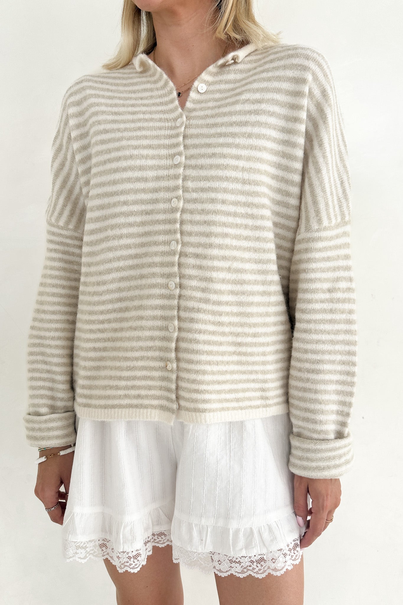 Haven Mini Striped Cardigan in Tan and Cream - Neutral Ground
