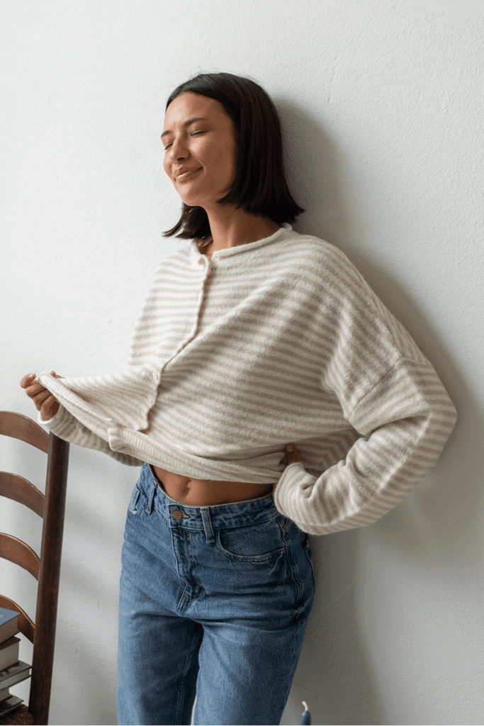 Haven Mini Striped Cardigan in Tan and Cream - Neutral Ground