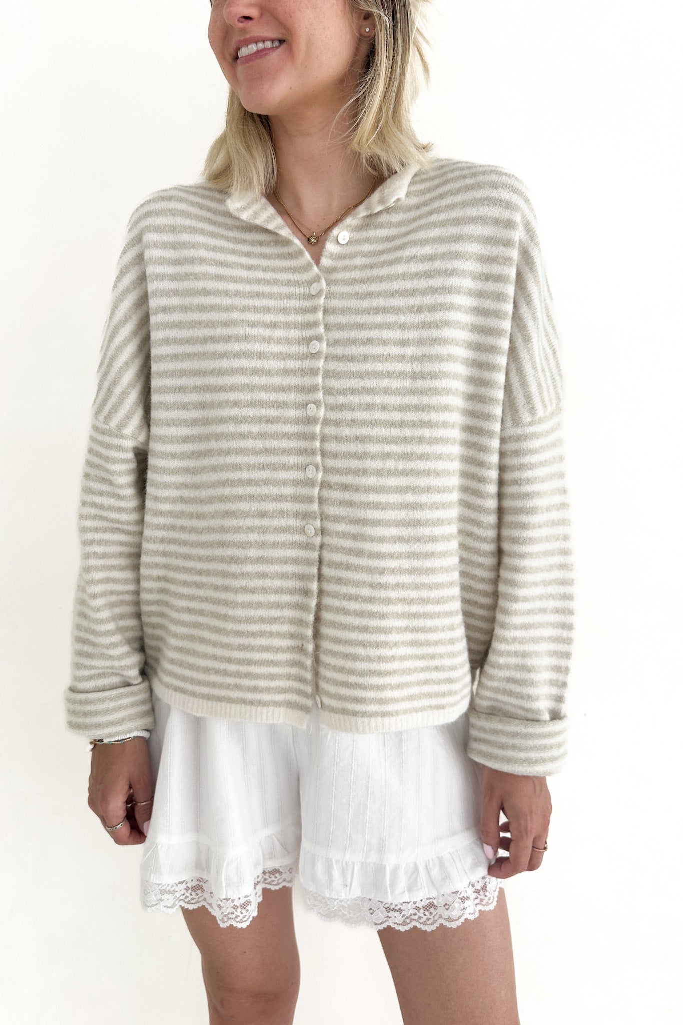 Haven Mini Striped Cardigan in Tan and Cream - Neutral Ground