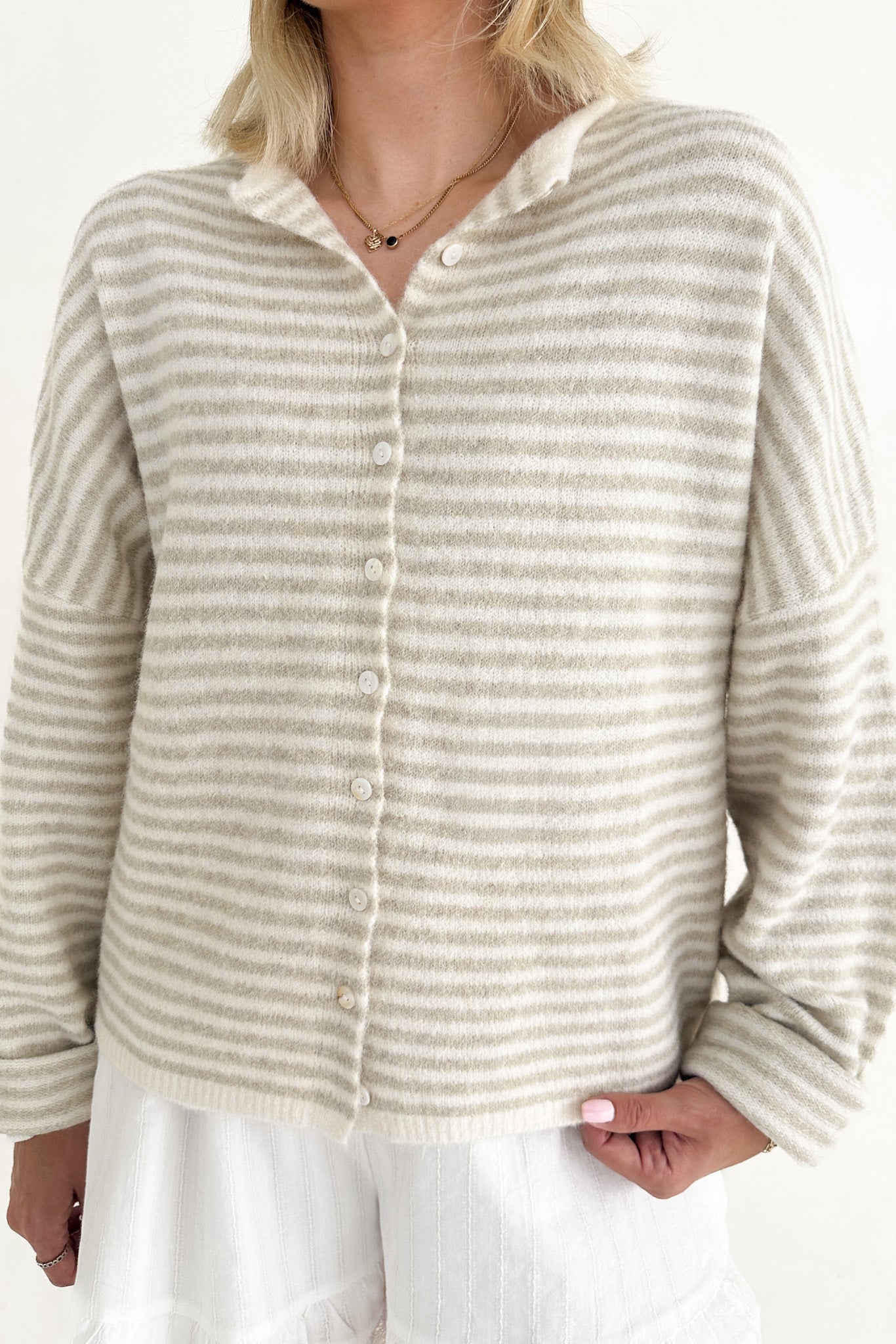 Haven Mini Striped Cardigan in Tan and Cream - Neutral Ground