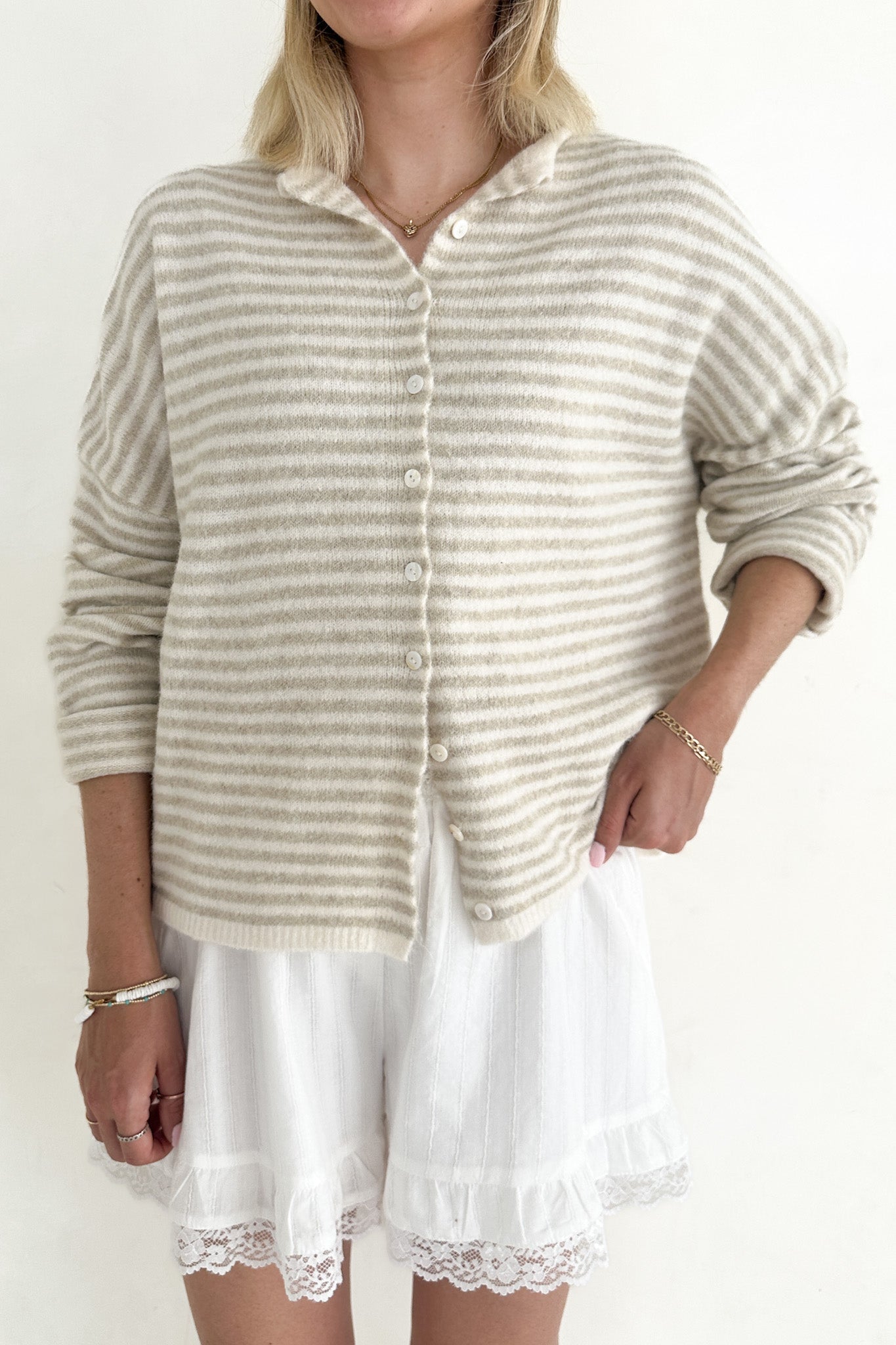 Haven Mini Striped Cardigan in Tan and Cream - Neutral Ground