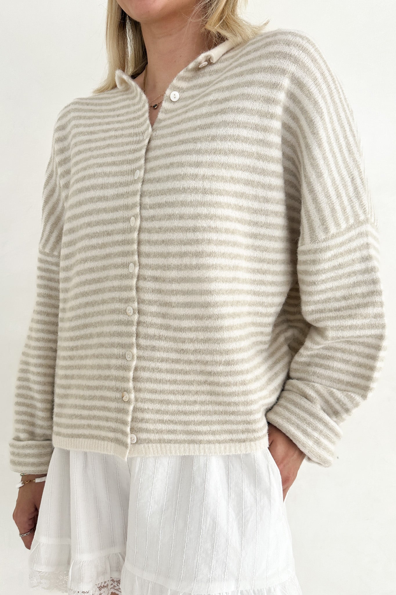 Haven Mini Striped Cardigan in Tan and Cream - Neutral Ground