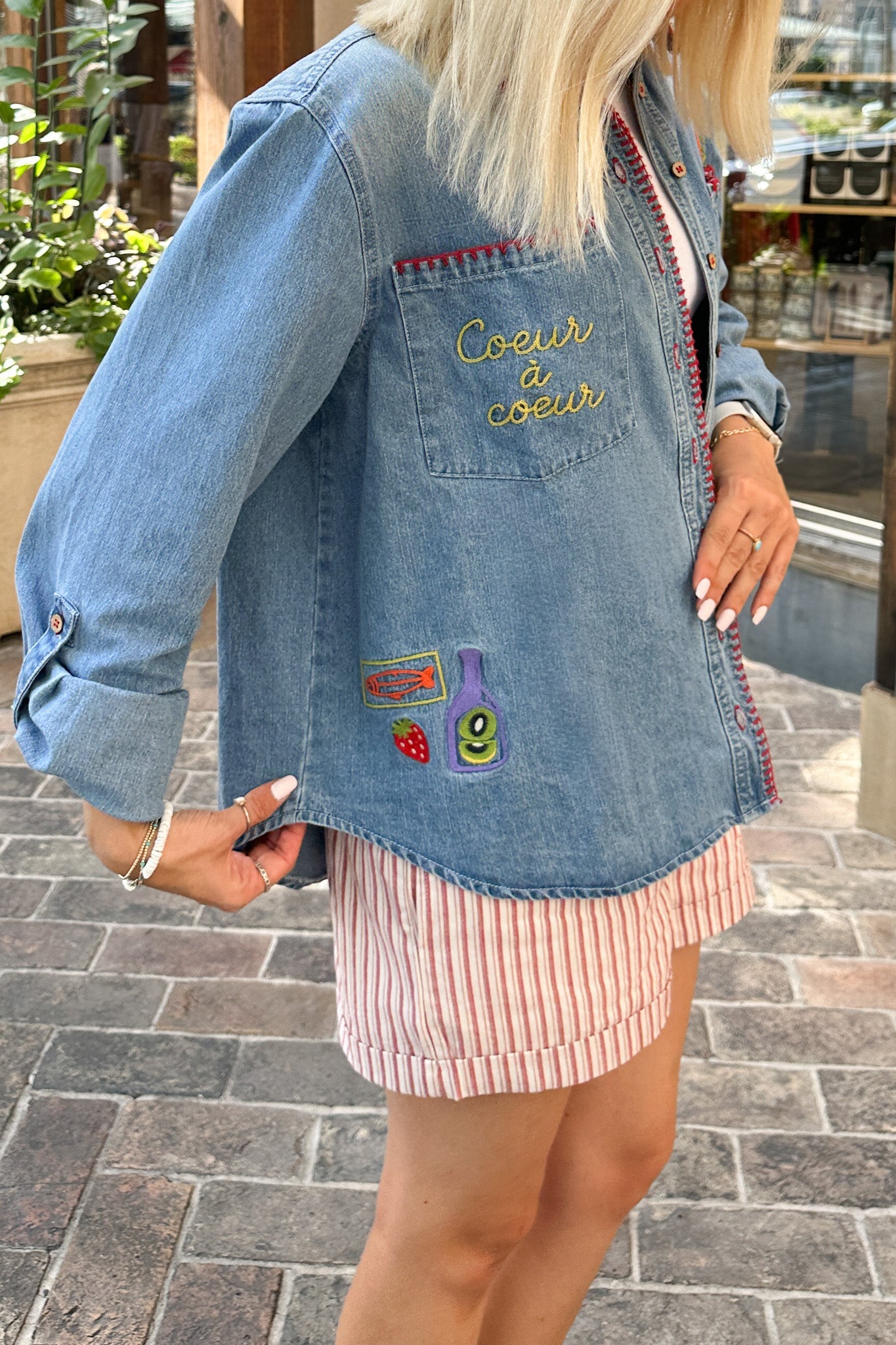 Heart to Heart Stitch Detail Denim Button Down - Neutral Ground