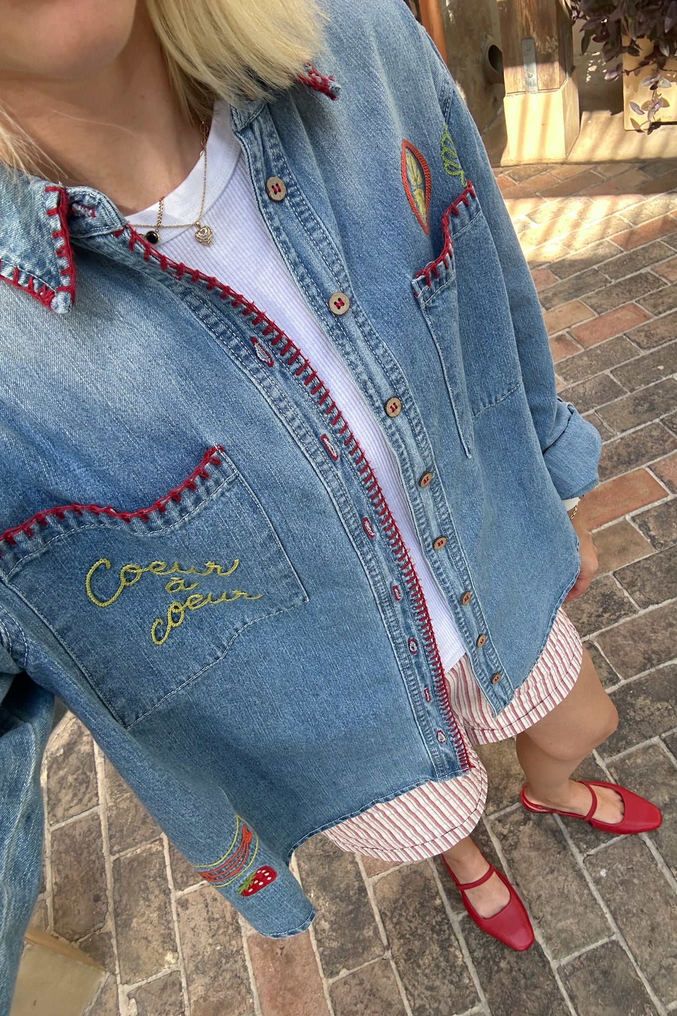 Heart to Heart Stitch Detail Denim Button Down - Neutral Ground