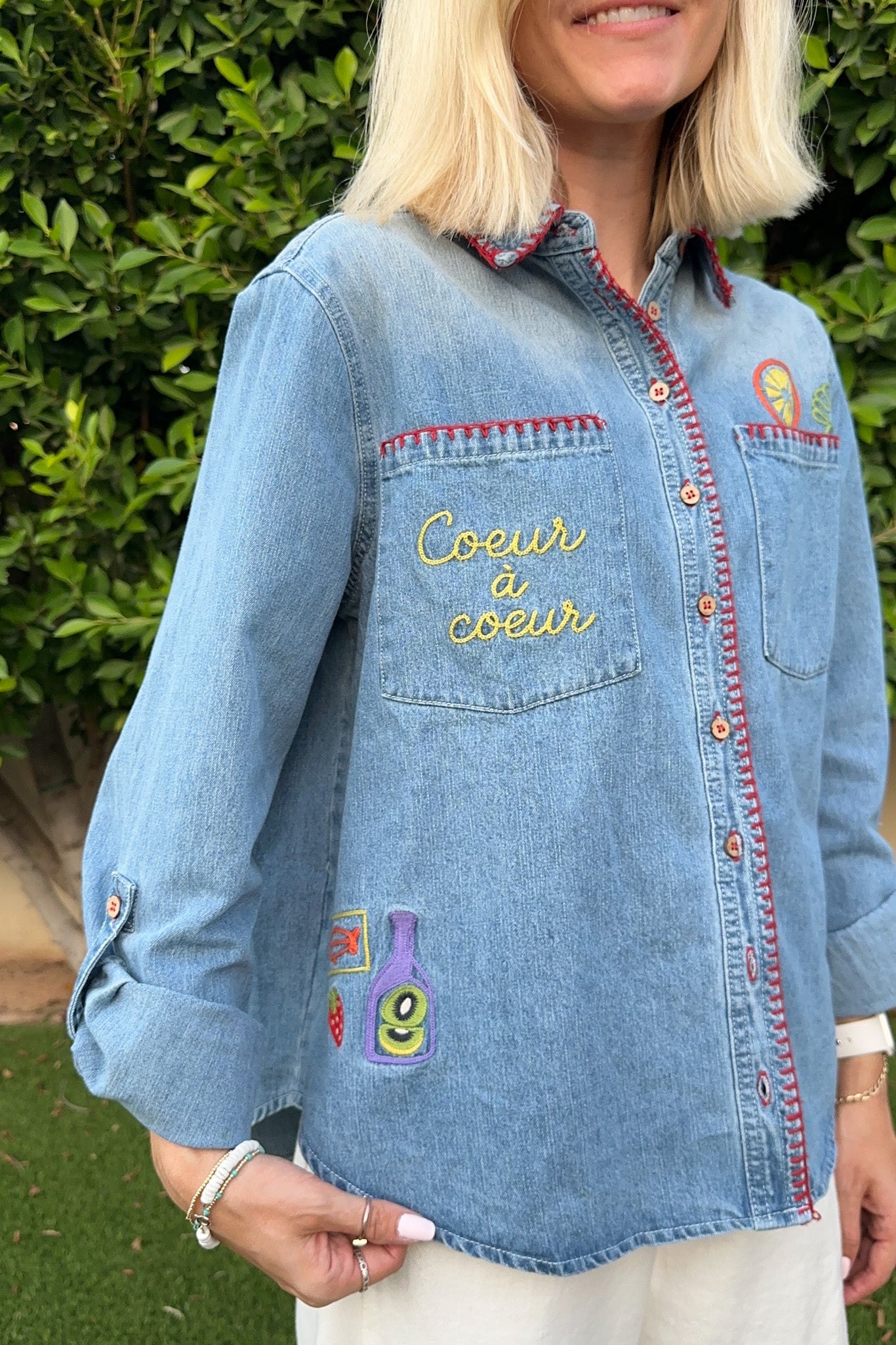 Heart to Heart Stitch Detail Denim Button Down - Neutral Ground