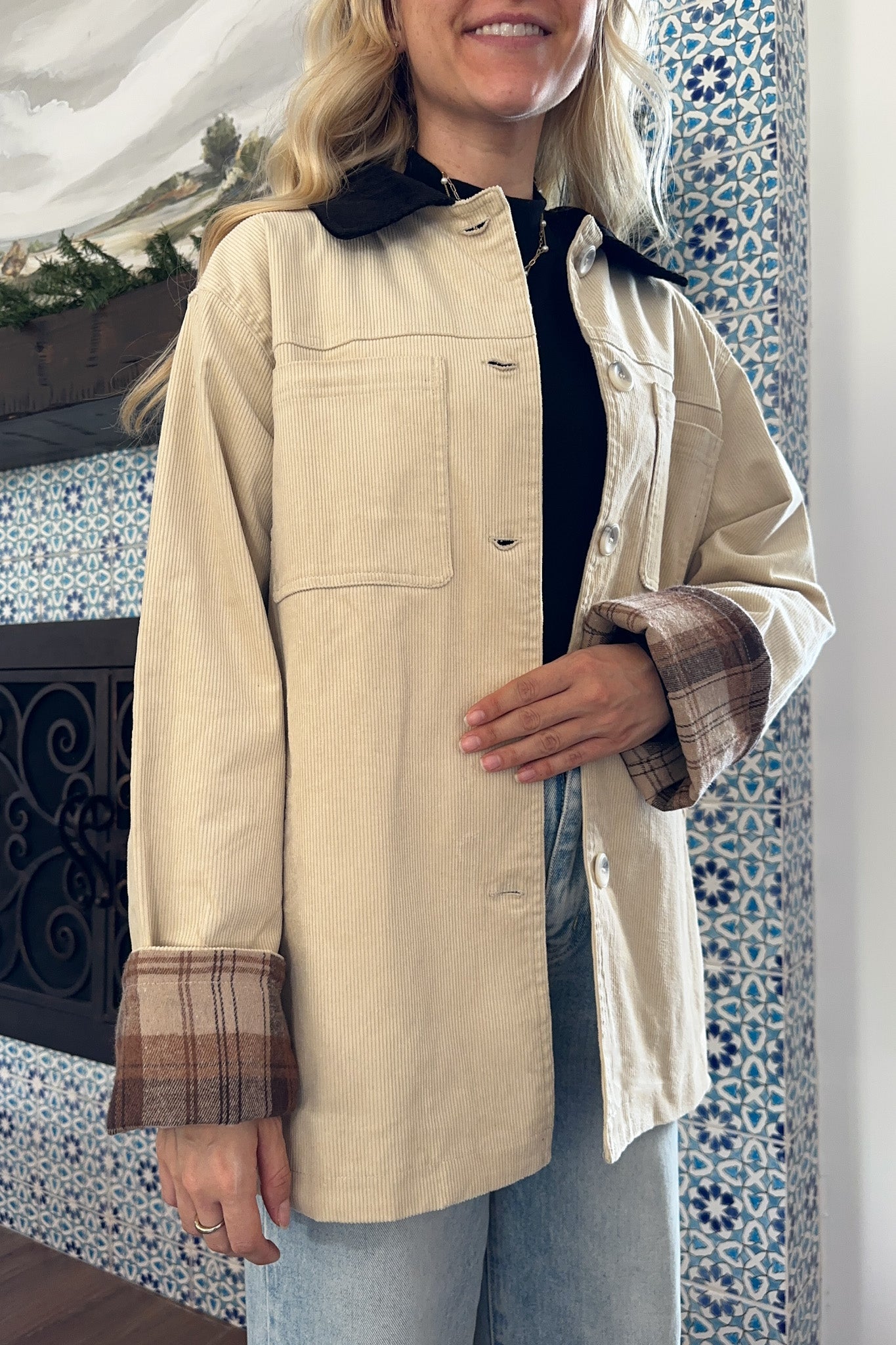 Highland Corduroy Collared Cotton Barn Jacket in Tan - Neutral Ground