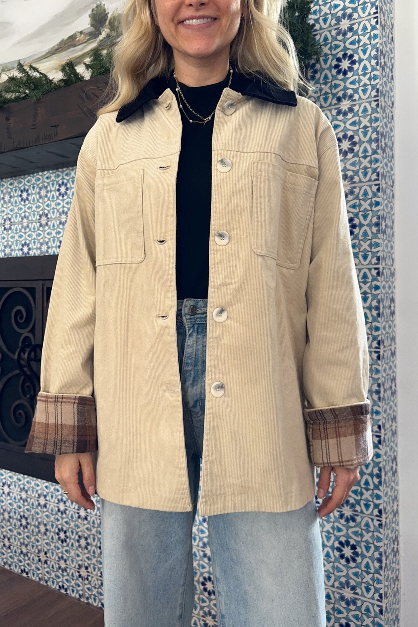 Highland Corduroy Collared Cotton Barn Jacket in Tan - Neutral Ground