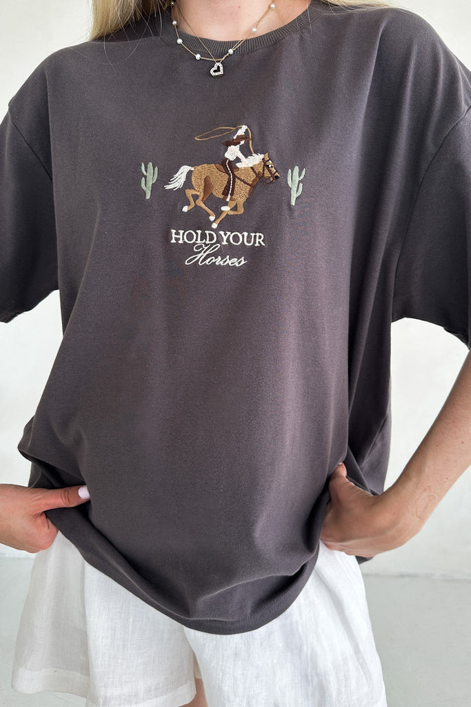 Hold Your Horses Embroidered T-Shirt - Neutral Ground