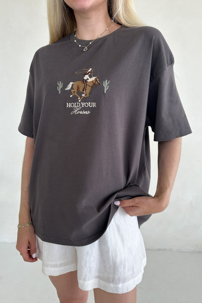Hold Your Horses Embroidered T-Shirt - Neutral Ground