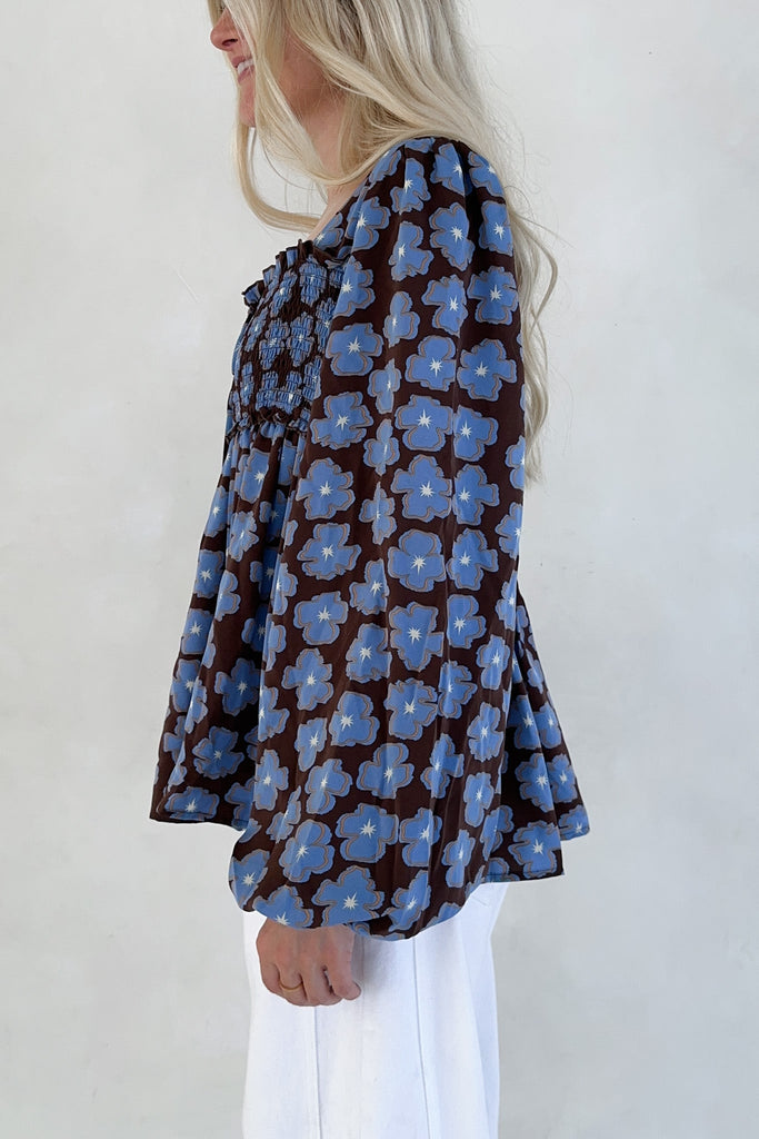 Honey Floral Print Smocked Babydoll Top - Neutral Ground
