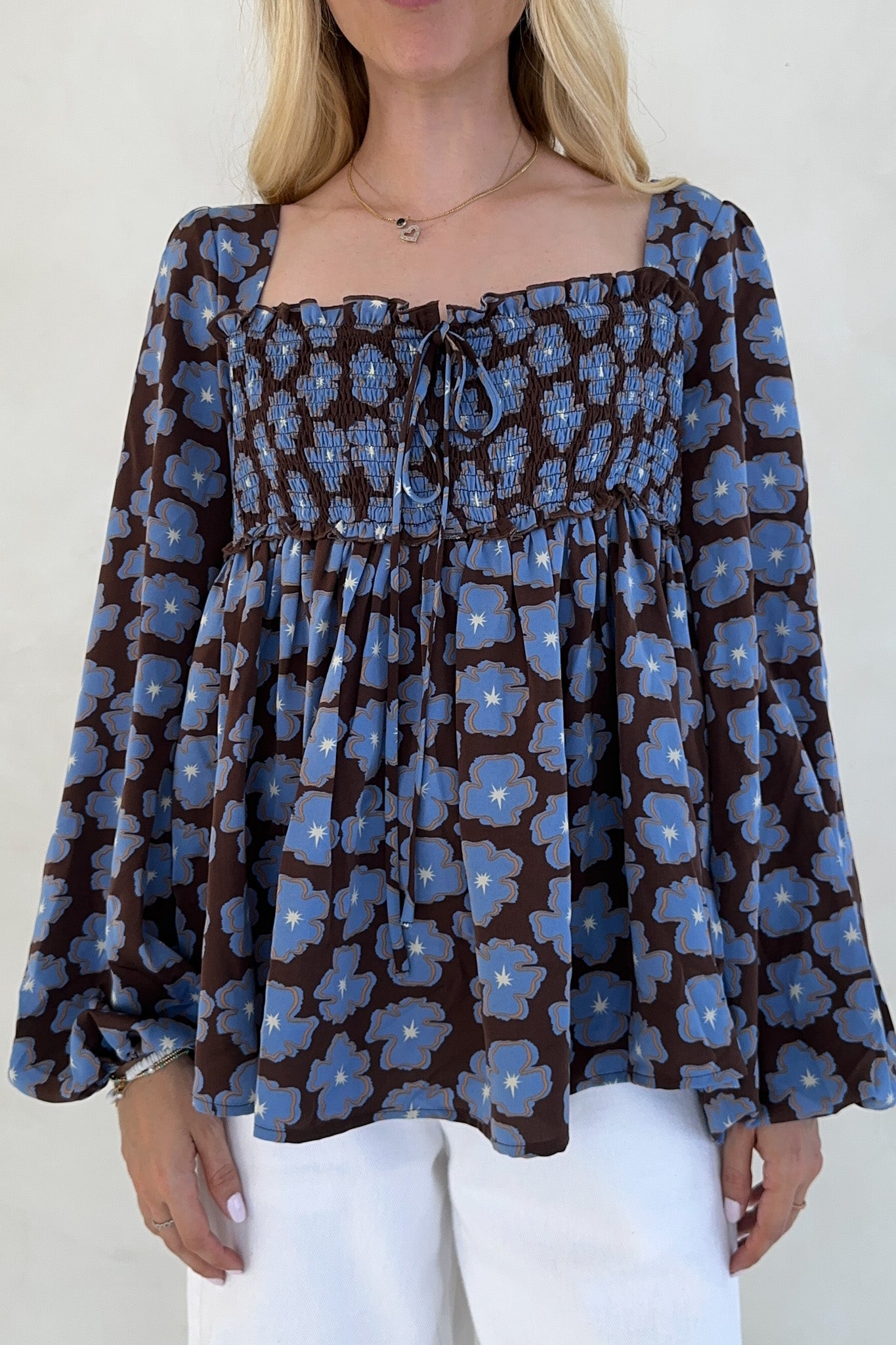 Honey Floral Print Smocked Babydoll Top - Neutral Ground