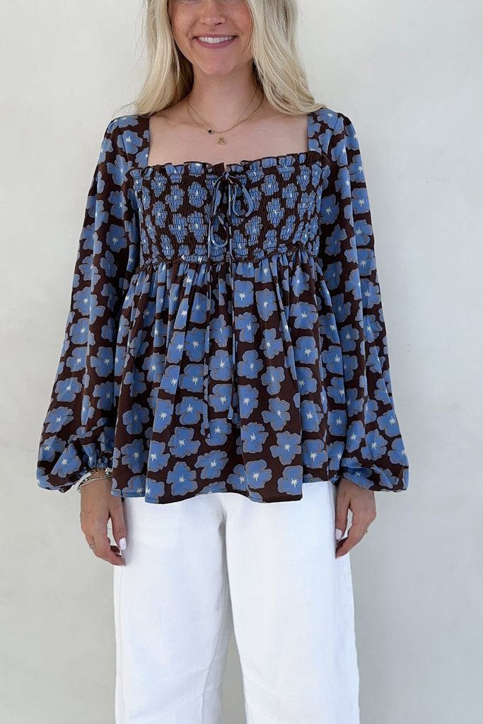 Honey Floral Print Smocked Babydoll Top - Neutral Ground